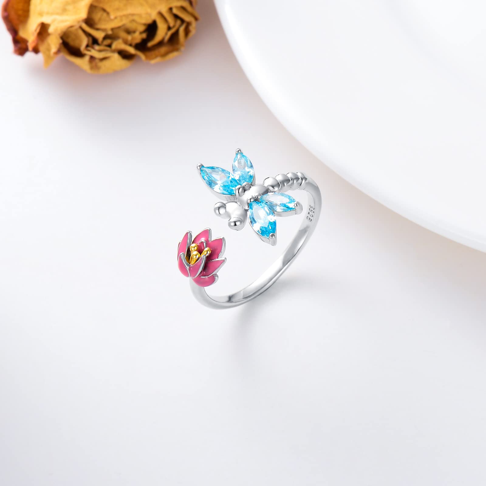 925 Sterling Silver Dragonfly Lotus Adjustable Open Ring - Elegant Boho Jewelry Gift for Women, Perfect for Weddings, Parties & Everyday Wear