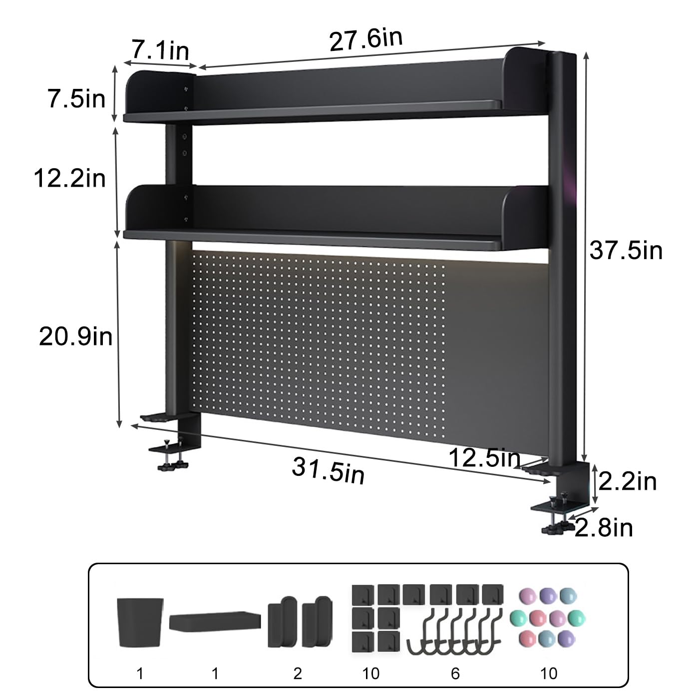 Black Clamp-On Desk Organizer Shelf with Pegboard - 31.5x37.5in Space-Saving Tabletop Storage for Home Office, Dorm & Gaming Desk - Perfect for Organizing Books, Supplies & Displaying Collectibles