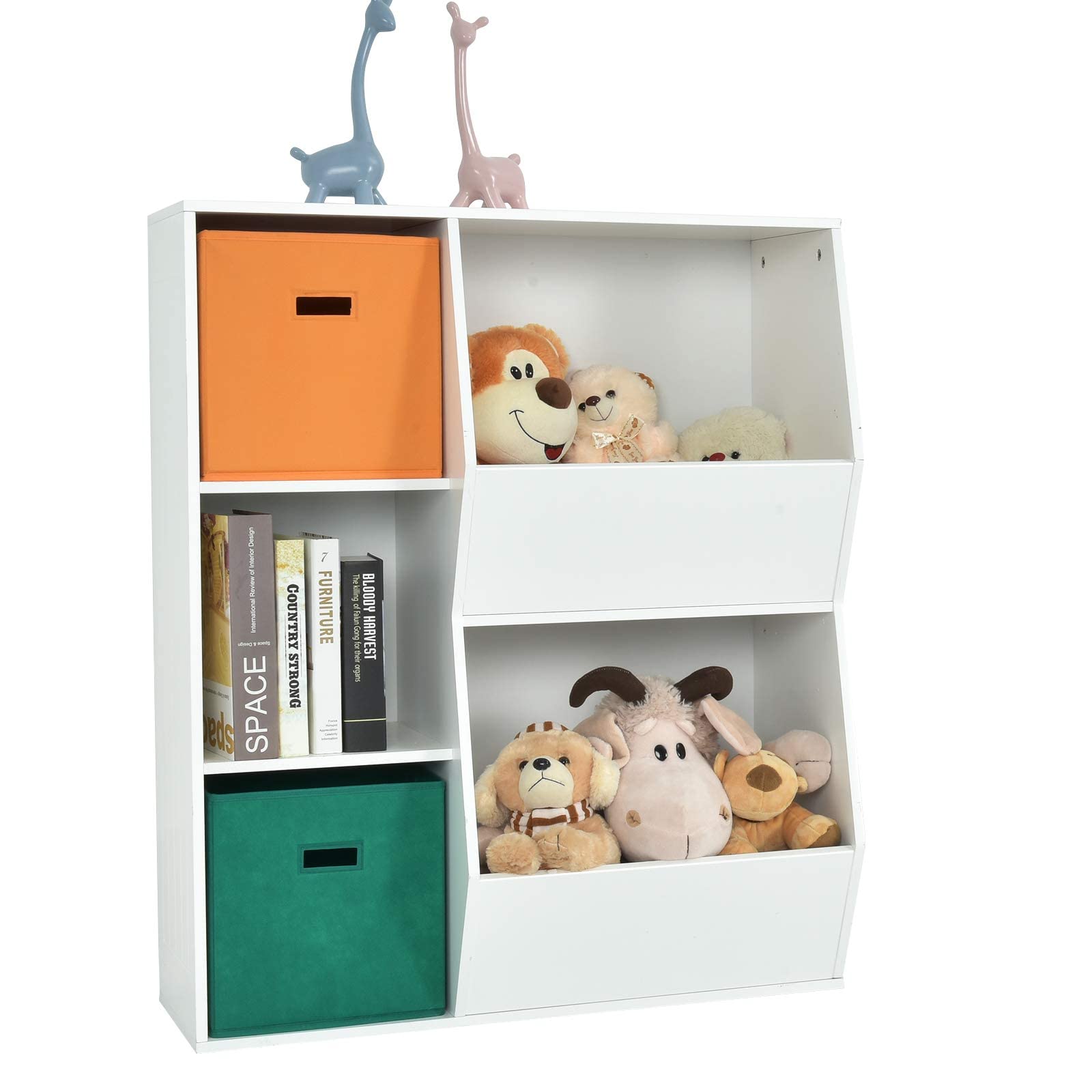 Costzon 5-Cubby Wooden Toy Storage Organizer with Bookcase & Bins - Kids Bookshelf & Toy Cabinet for Toddlers - Nursery, Playroom, Daycare & Living Room Storage Solution (White) - Perfect for Organizing Toys, Books & Kids' Essentials in Bedrooms & Classrooms