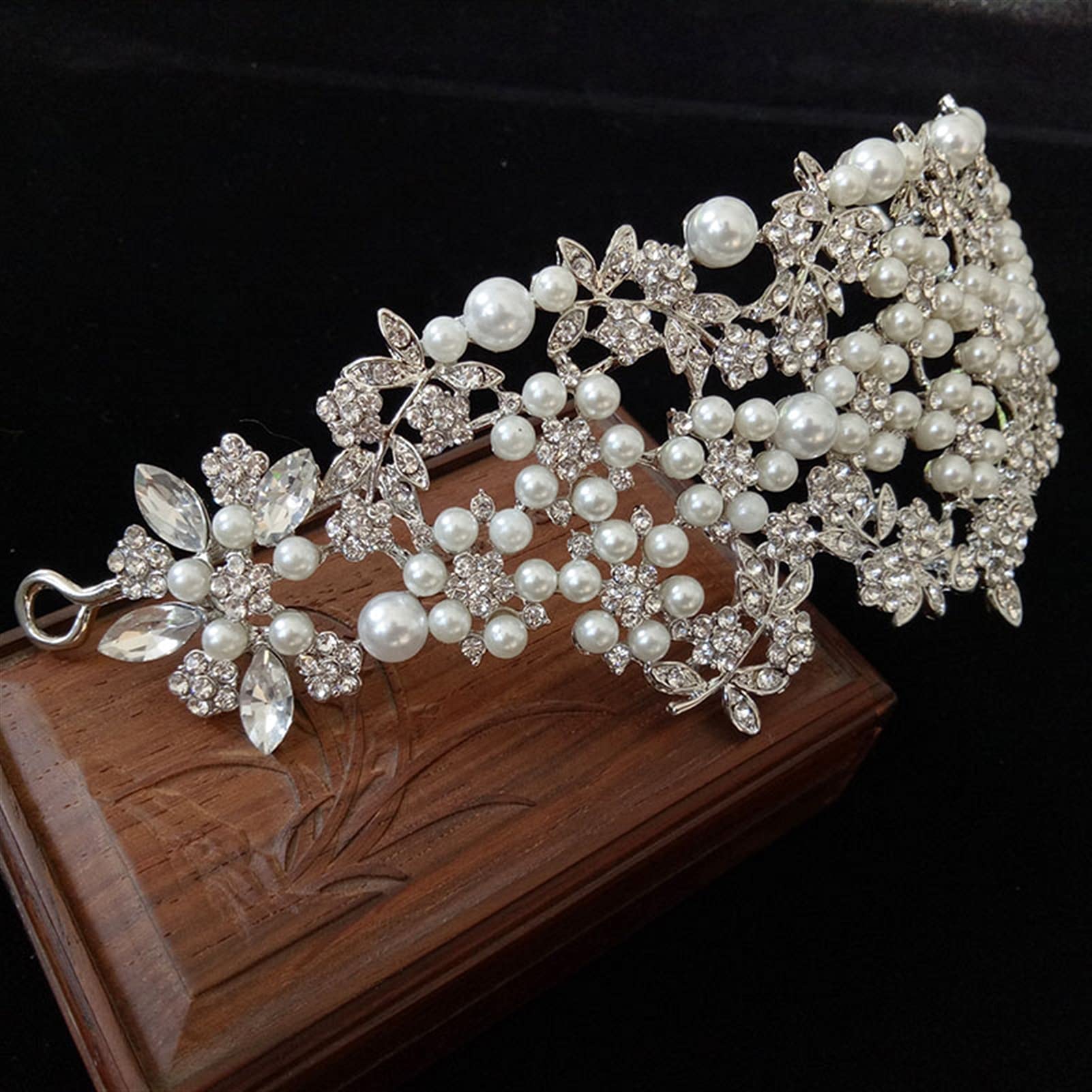 Bridal Pearl Tiara Crown - Silver Rhinestone Headpiece for Wedding