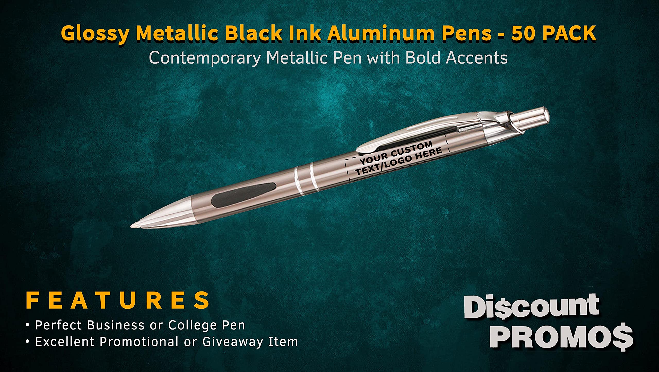 50 Pack Black Ink Metal Pens with Custom Text & Logo - Retractable Ballpoint Pens with Silver Accents - Premium Office & Business Writing Supplies for Gifts, Promotions & Corporate Events