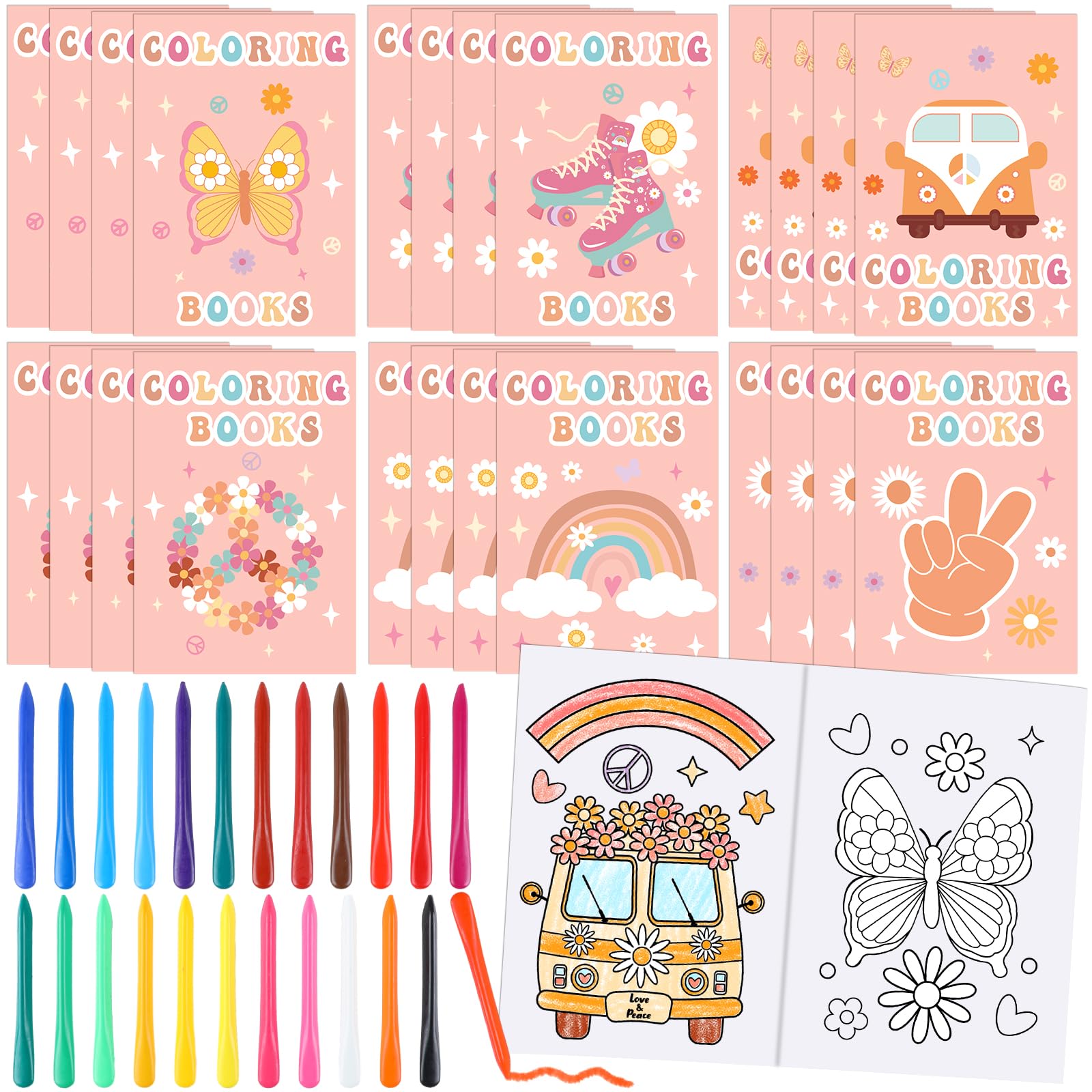48Pcs Bulk Groovy Coloring Books with Crayons - Boho Rainbow Coloring Books for Kids, Hippie Bus & Retro Flowers Pattern DIY Art Set - Perfect for Boys & Girls Birthday Party Favors, Classroom Activities & Creative Gift Ideas