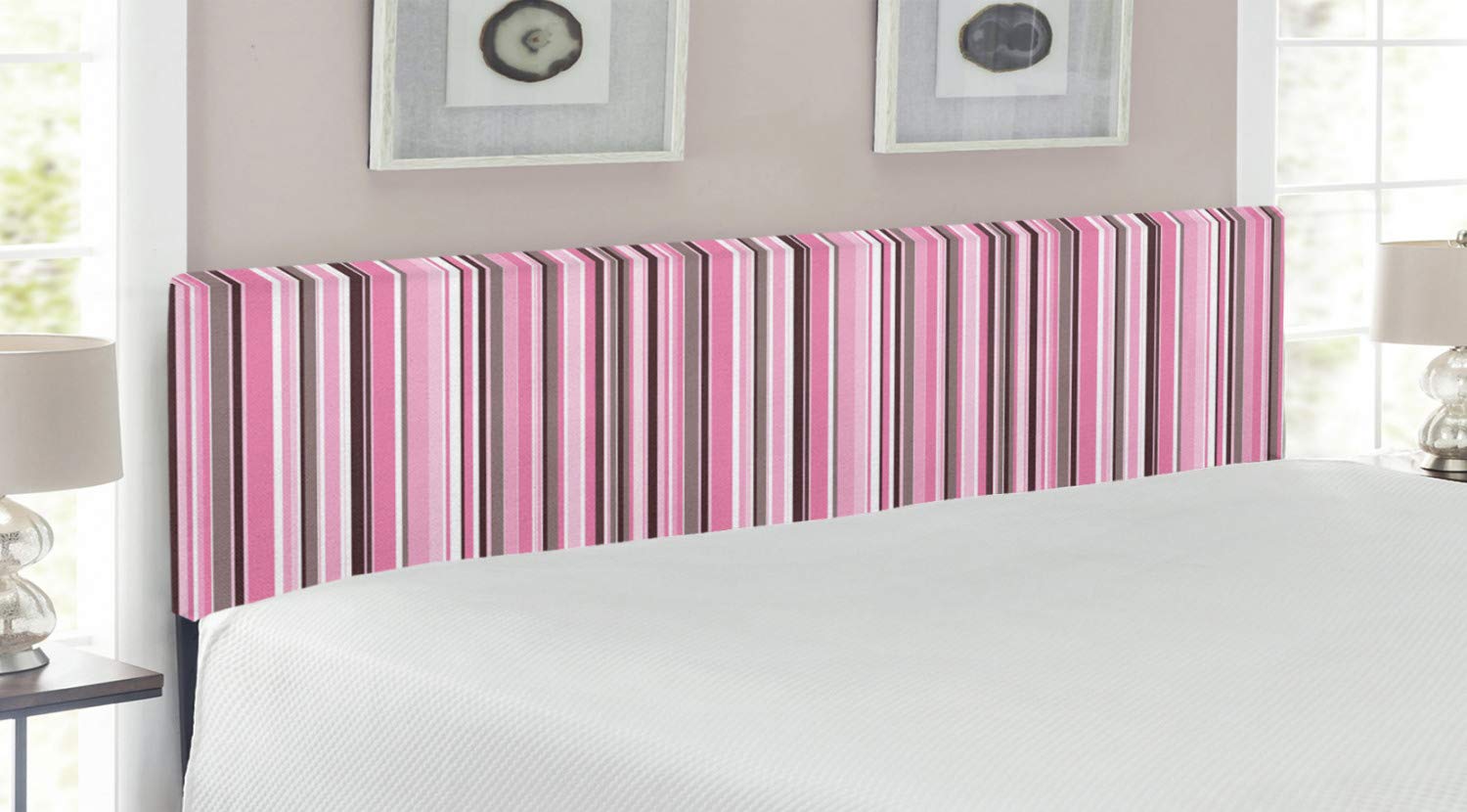 Ambesonne Modern King Size Headboard - Abstract Retro Vintage Stripes Geometric Art Upholstered Bed Headboard with Memory Foam in Pale Pink & White | Perfect for Contemporary Bedroom Decor & Guest Room Styling