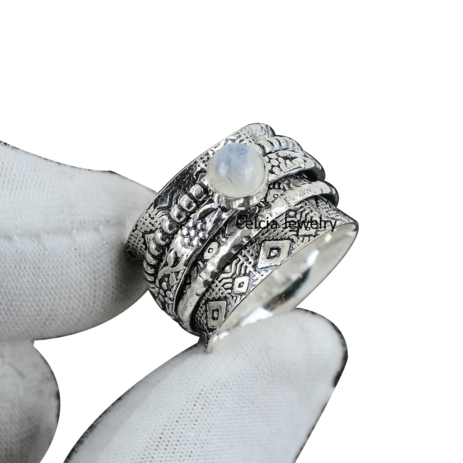 Natural Rainbow Moonstone Spinner Ring for Women & Men - June Birthstone Jewelry, Meditation & Anxiety Relief Fidget Ring, US Size 7 - Perfect for Stress Relief, Focus & Spiritual Healing