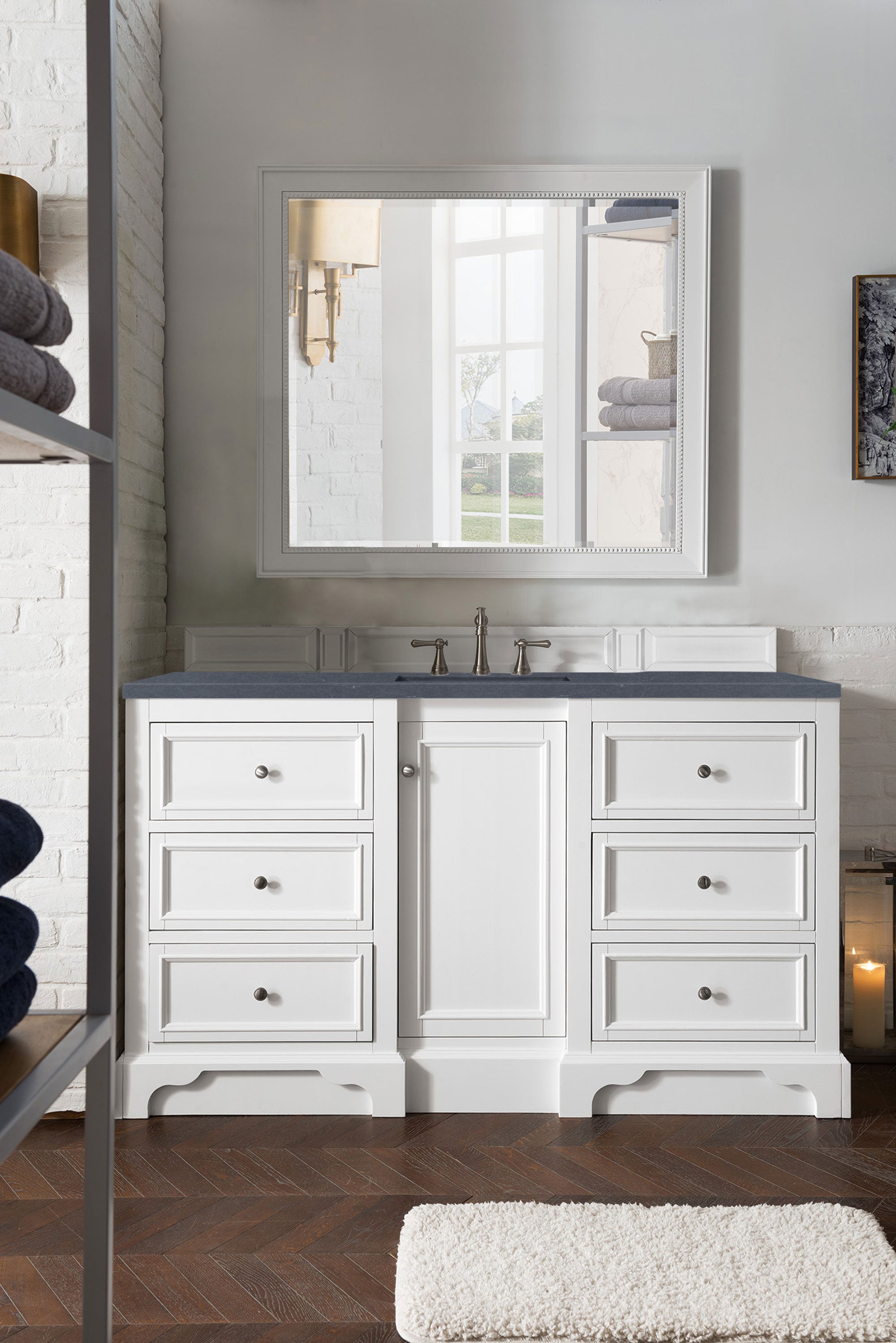 De Soto 60 Inch Single Bathroom Vanity Set with Bright White Finish & 3CM Charcoal Soapstone Quartz Countertop - Modern Sink Cabinet for Small Space Bathroom Remodel, Powder Room or Guest Bath