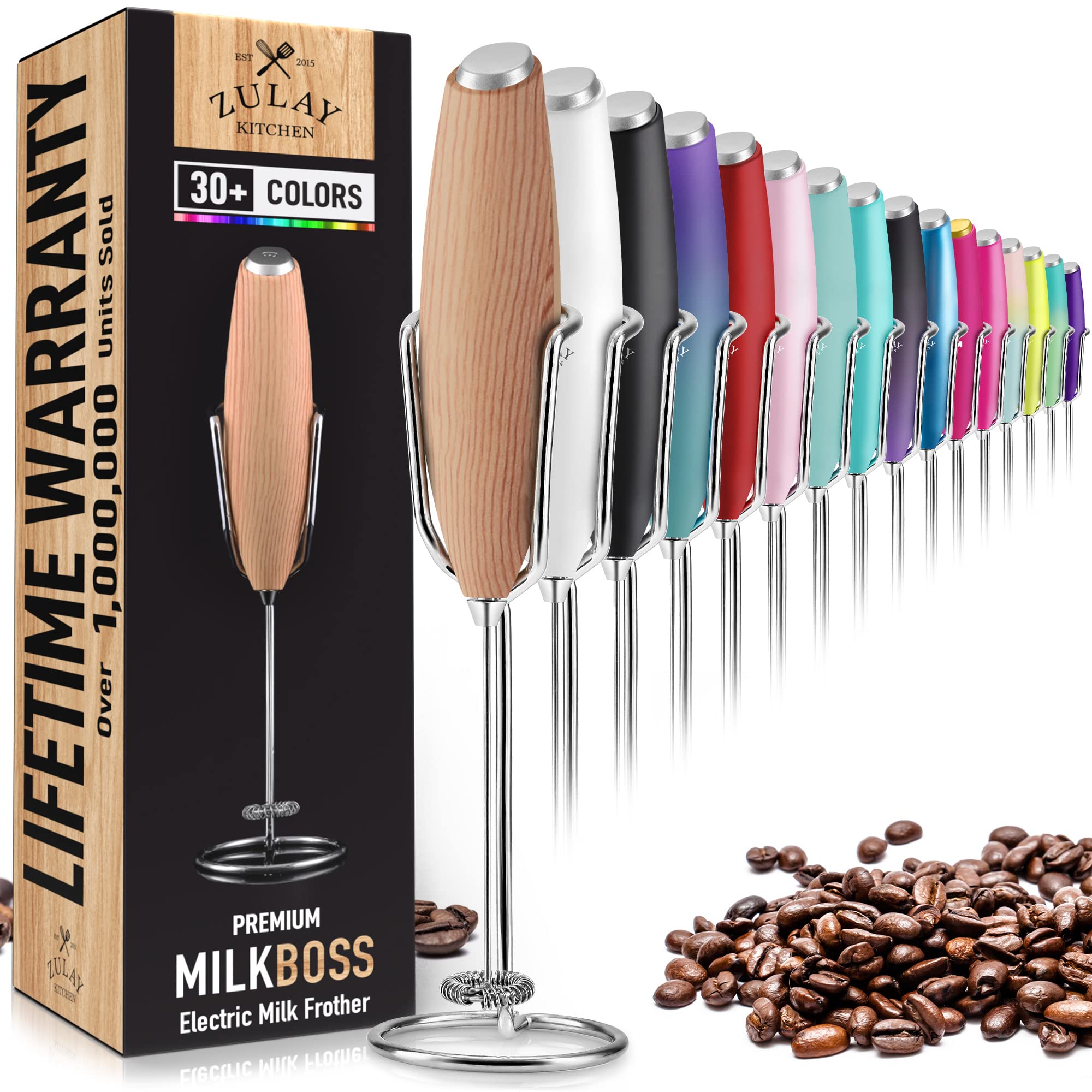 Premium Electric Milk Frother for Coffee - Ultra High Speed Handheld Mixer with Upgraded Stand - Compact & Powerful Stainless Steel Whisk - Perfect for Lattes, Cappuccinos, Hot Chocolate & Matcha Drinks by Zulay (Maple) - Ideal for Home, Office & Coffee Shops