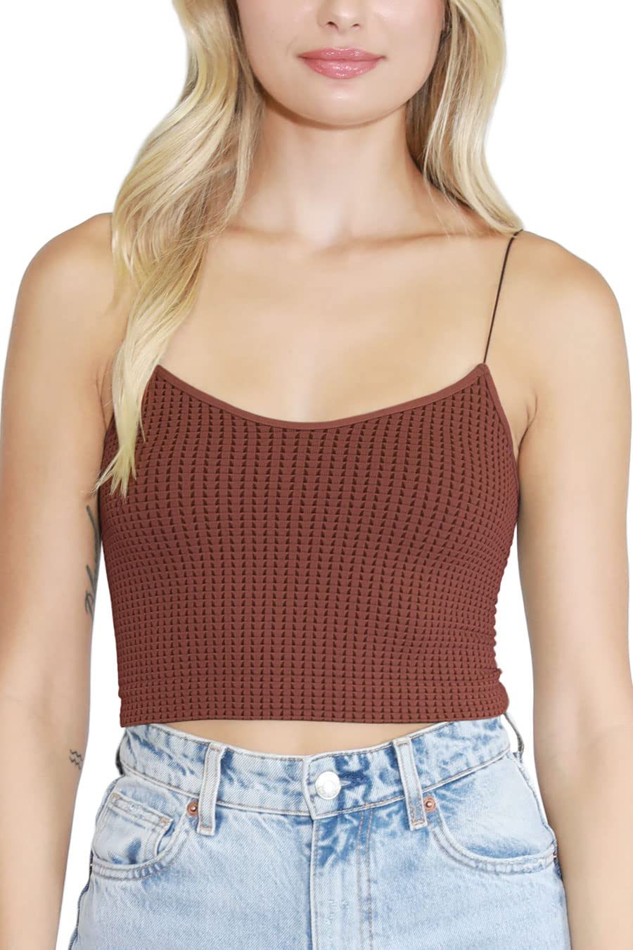 NIKIBIKI Women's Seamless Waffle Crop Top Cami - Made in USA - One Size - Perfect for Yoga, Gym & Casual Wear