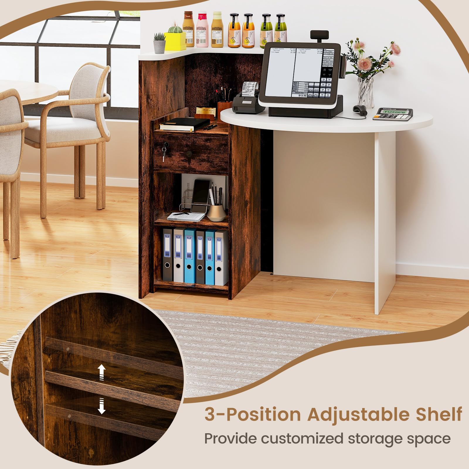Wooden Reception Desk with Lockable Drawer & Open Shelves - Small Retail Checkout Counter for Store, Office, Lobby or Salon - Oval Desktop & L-Shaped Design in White & Brown - Perfect for Customer Service Areas, Waiting Rooms & Business Front Desks