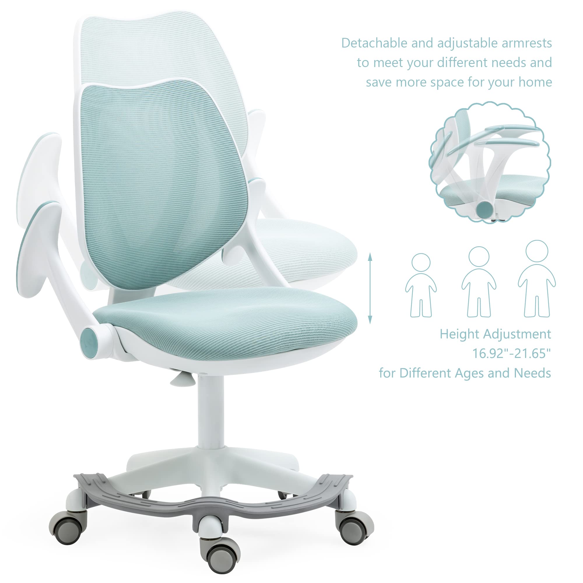 Adjustable Blue Kids Desk Chair with Armrests & Footrest - Ergonomic Study Computer Chair for Boys, Girls & Teens - Perfect for Home Office, Online Learning & Gaming