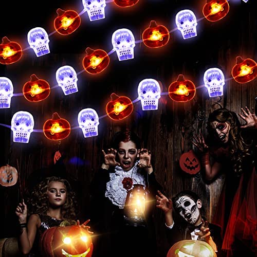 MAILUNA Halloween Pumpkin Lights with 20LED (10 Pumpkins & 10 Clear Skulls) - Waterproof Outdoor Holiday Decorations, 2 Modes (Steady/Blinking) for Porch, Yard, Garden & Party Decor