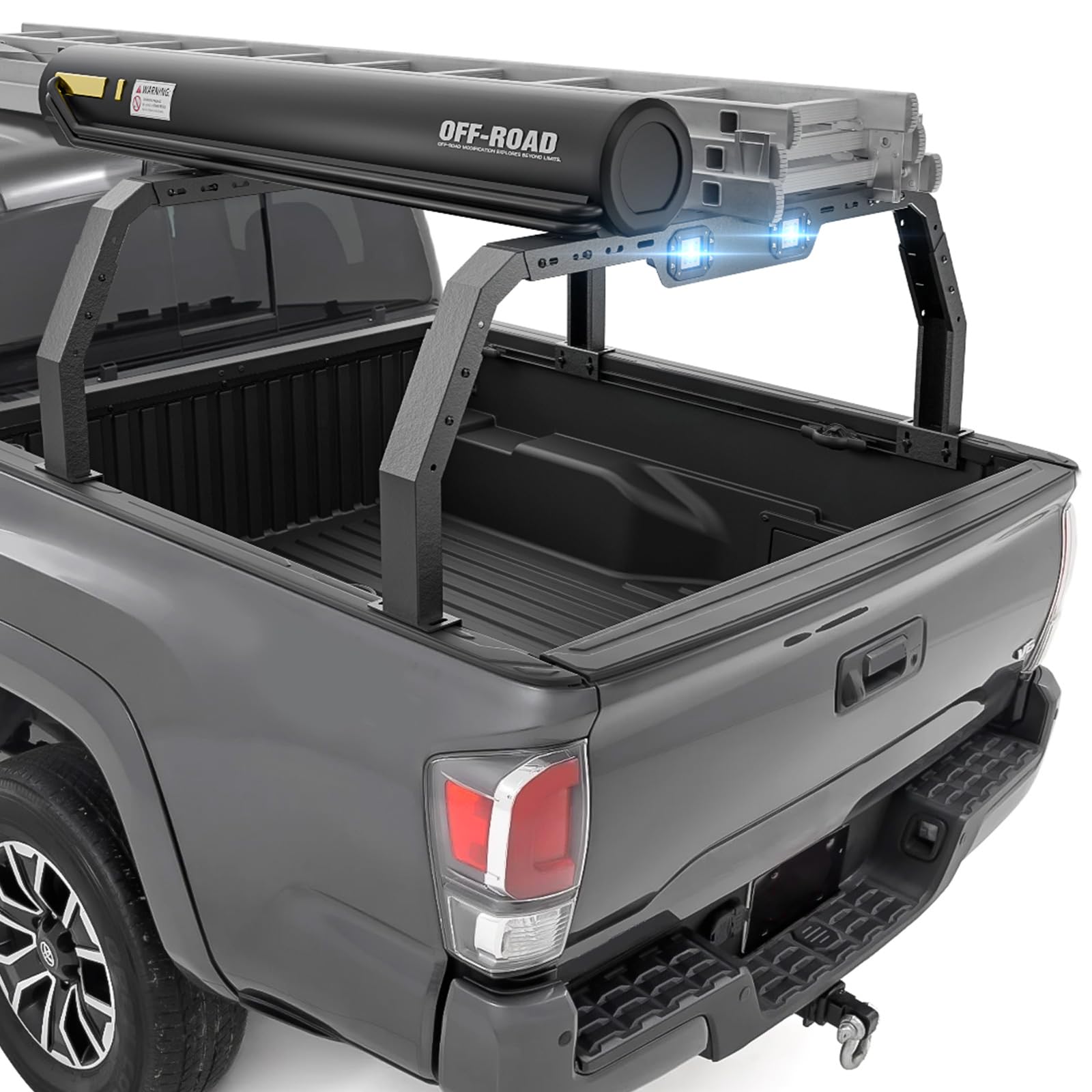 Overland Truck Bed Rack with 2 LED Light Bars - 500 lbs Capacity Cargo Carrier for 2005-2025 Toyota Tacoma, 2022-2025 Tundra & 2020-2025 Jeep Gladiator JT - Heavy Duty Ladder Rack Cross Bars for Camping, Off-Roading & Outdoor Adventures