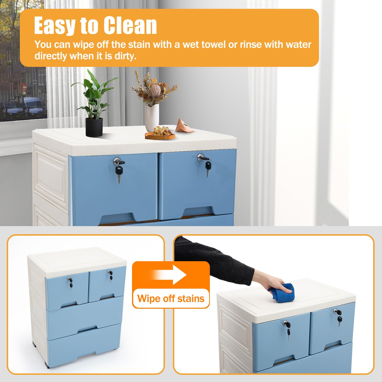 6-Drawer Rolling Dresser with Lock - Modern Plastic Storage Cabinet for Clothes, Bedroom, Office & Closet Organization - Blue Fabric Dresser for Easy Mobility and Secure Storage | Perfect for Small Spaces, Dorm Rooms, and Apartment Living