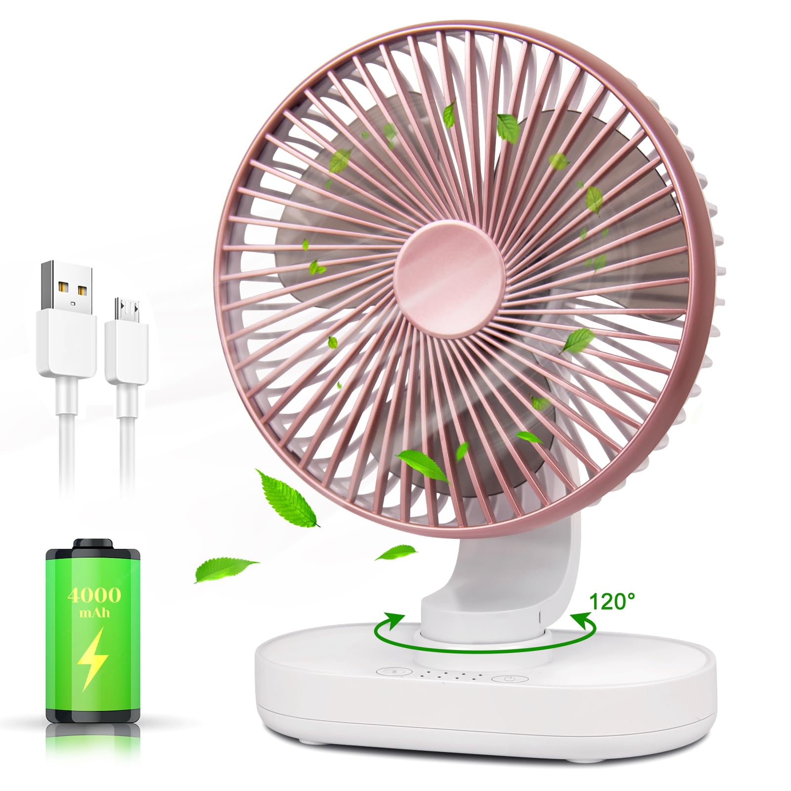 CONBOLA Small Desk Fan for Bedroom & Office - 4000mAh Rechargeable Battery Operated Fan with 90° Vertical & 120° Oscillation - 4 Speed Quiet Air Circulator for Home, Dorm, Office & Travel - Pink Portable Table Fan for Cooling & Airflow