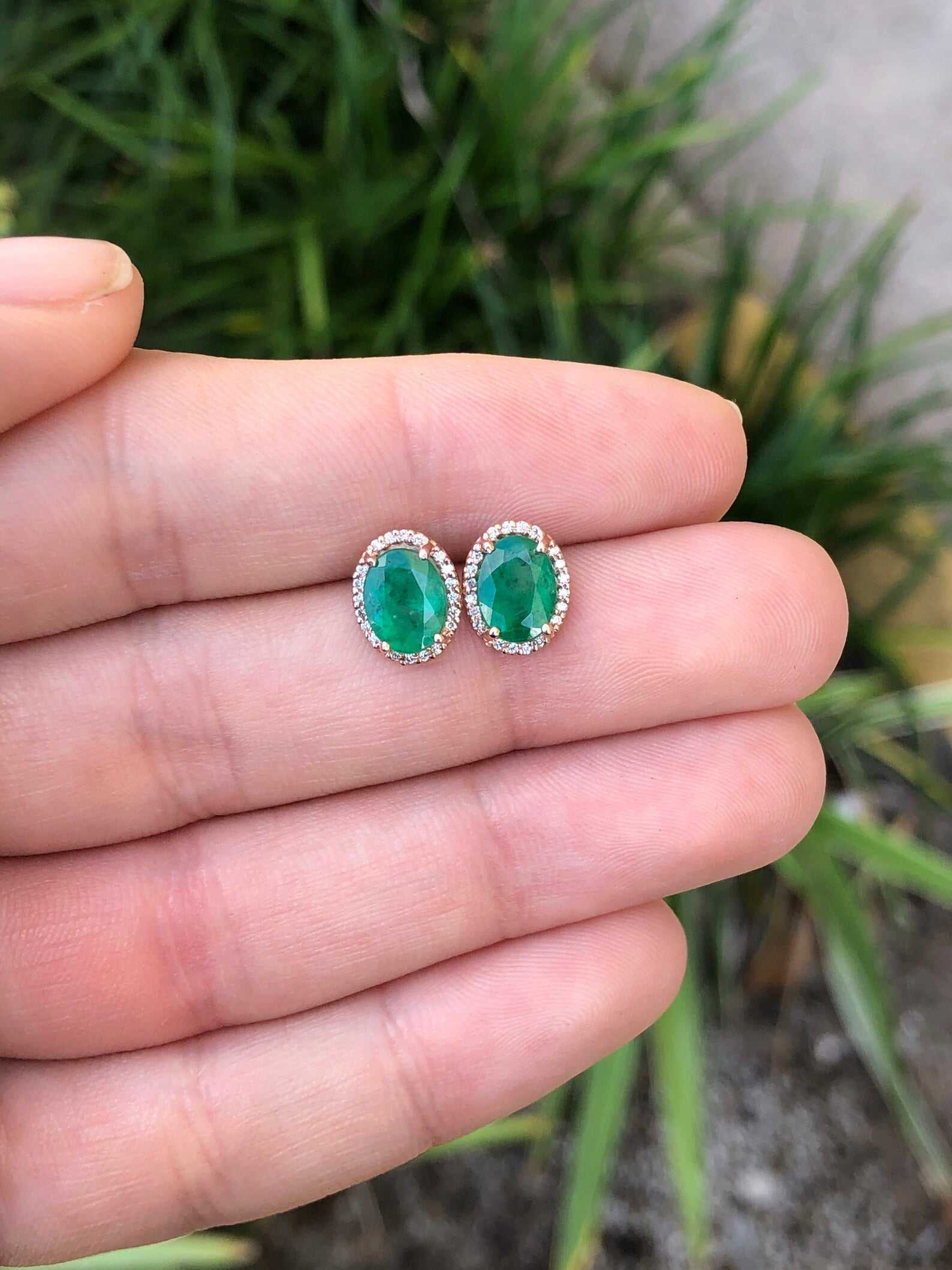 2.10tcw Oval Cut Dark Green Emerald & Diamond Halo 14K Rose Gold Stud Earrings for Women | Luxury Bridal Jewelry, Anniversary Gift, Evening Party Accessories