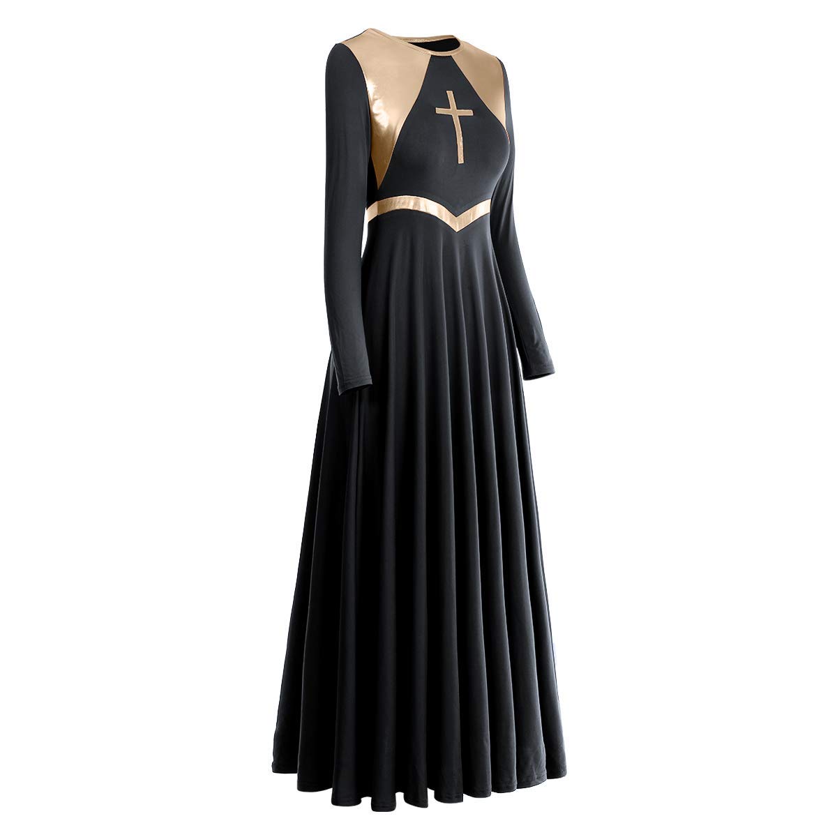 Women's Metallic Cross Praise Dance Dress - Liturgical Worship Long Sleeve Loose Fit Full Length Dress for Church Performances & Spiritual Dancing