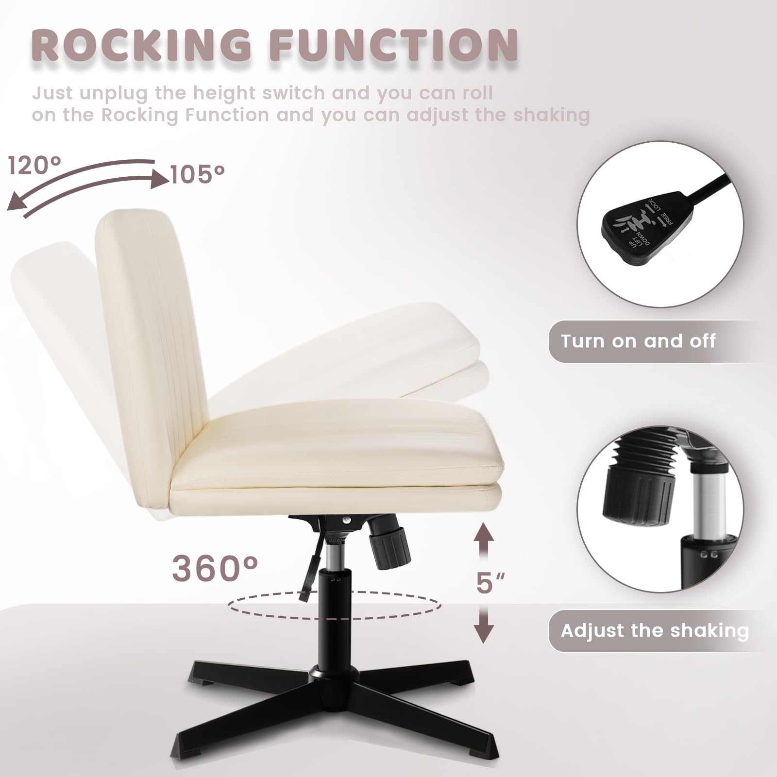 LEMBERI PU Leather Padded Armless Swivel Office Chair - No Wheels, Mid Back Ergonomic Desk Chair with 120° Rocking Function for Home Office, Makeup Vanity & Small Spaces (Beige) - Perfect for Compact Workstations & Beauty Stations