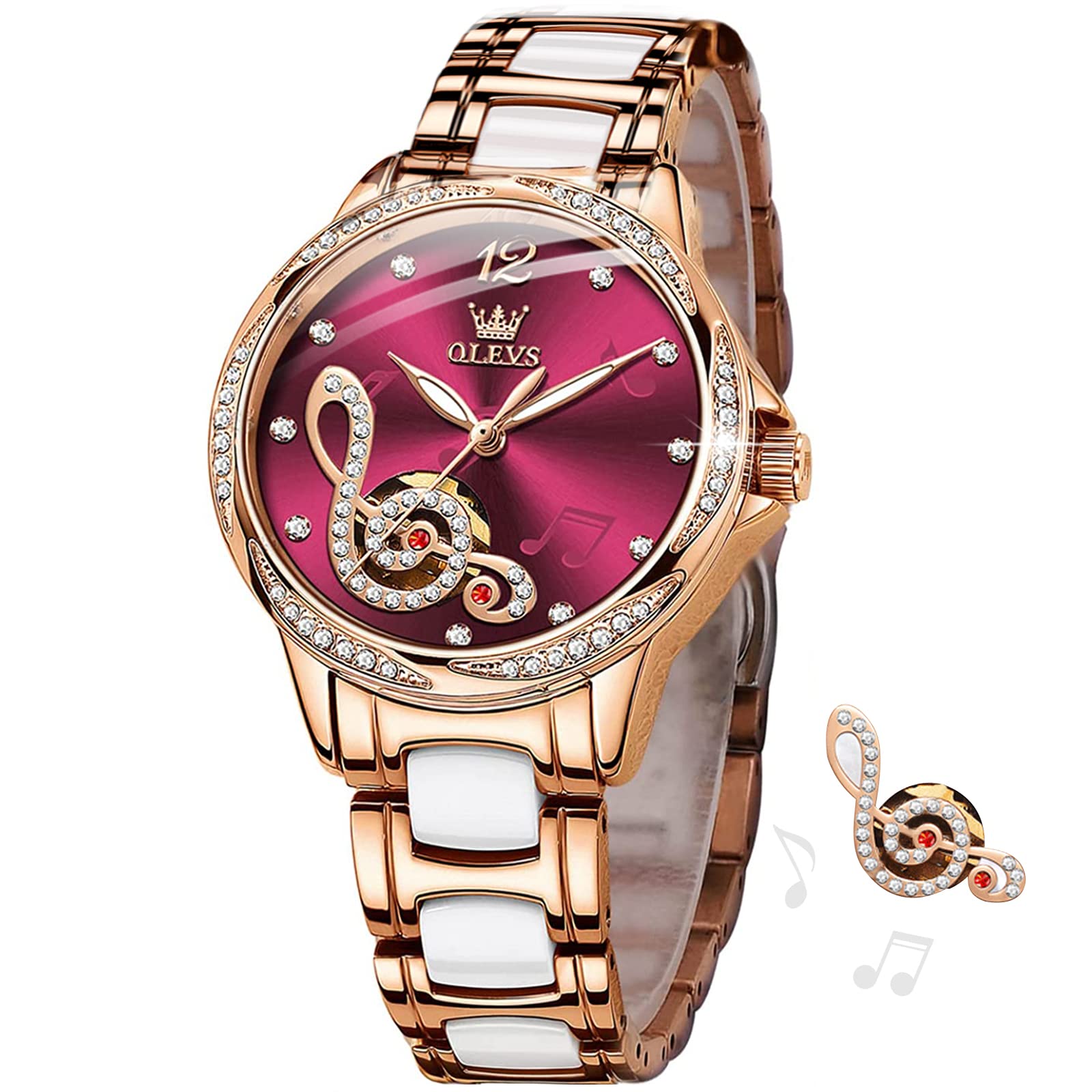 OLEVS Women's Automatic Self-Winding Watch - Red Face Rose Gold Mechanical Diamond Dress Watch for Women, Waterproof & Battery-Free - Perfect for Office, Party & Special Occasions