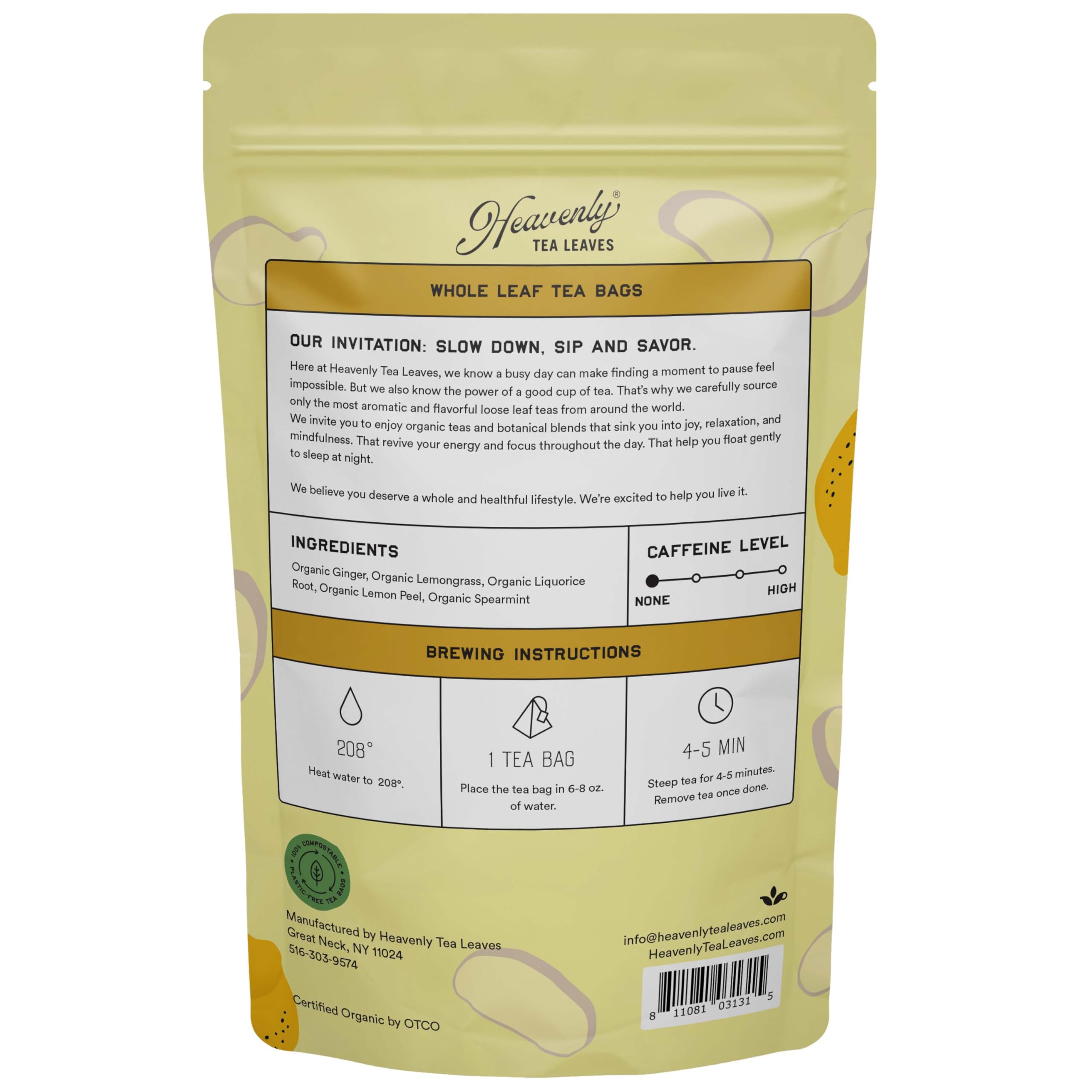 Organic Lemon Ginger Tea Bags (50 Count) - Premium Whole Leaf Herbal Tea, 100% Plastic-Free & Compostable Pyramid Sachets - Perfect for Relaxation, Immunity Boost & After-Meal Digestion