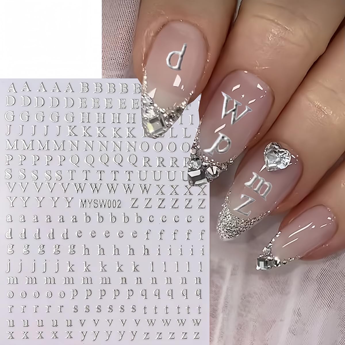 8 Sheets 3D Self-Adhesive Alphabet Nail Stickers - Black, White, Gold, Silver Letter Nail Decals for DIY Nail Art - Big & Small English Character Designs for Acrylic Nails, Manicures, Parties and Special Occasions