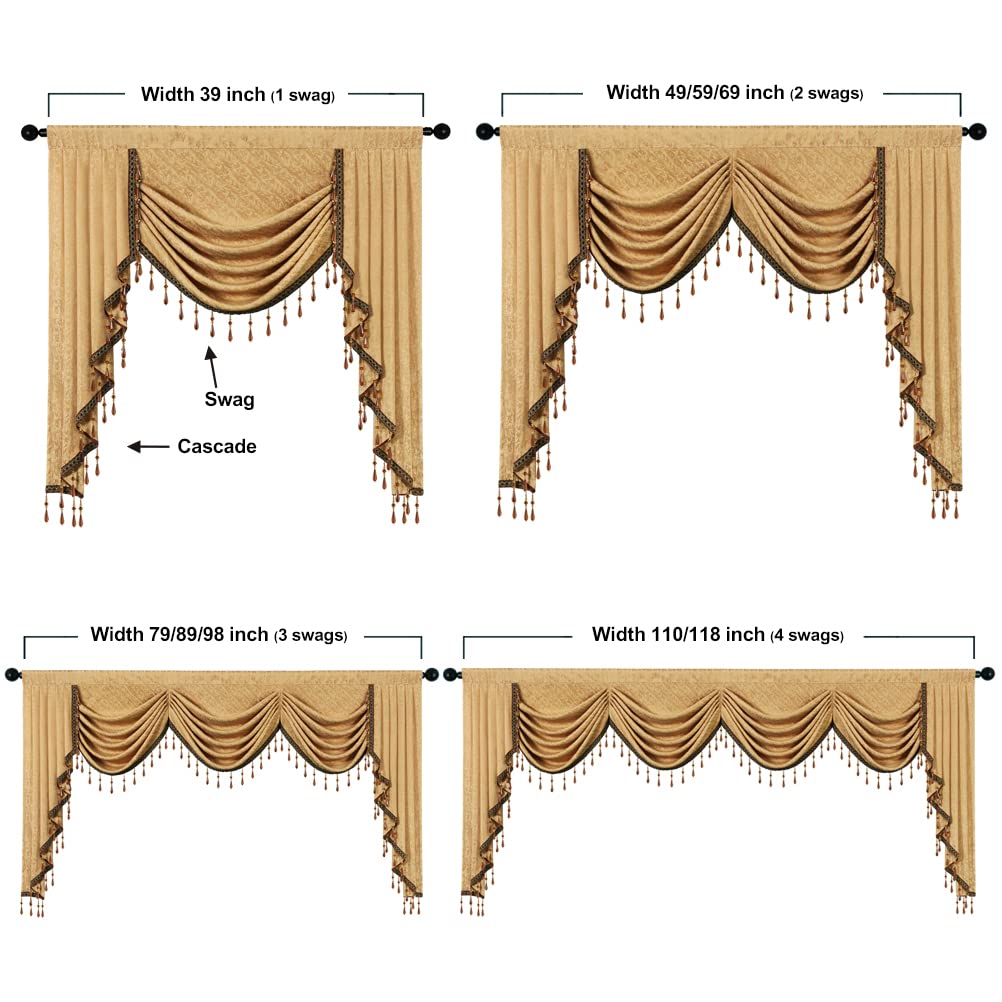 ELKCA Jacquard Waterfall Valance with Luxury Beads - Yellow Window Curtain Valance for Living Room, Rod Pocket Design, 1 Panel (79 Inches Wide) - Perfect for Living Room, Bedroom & Home Decor