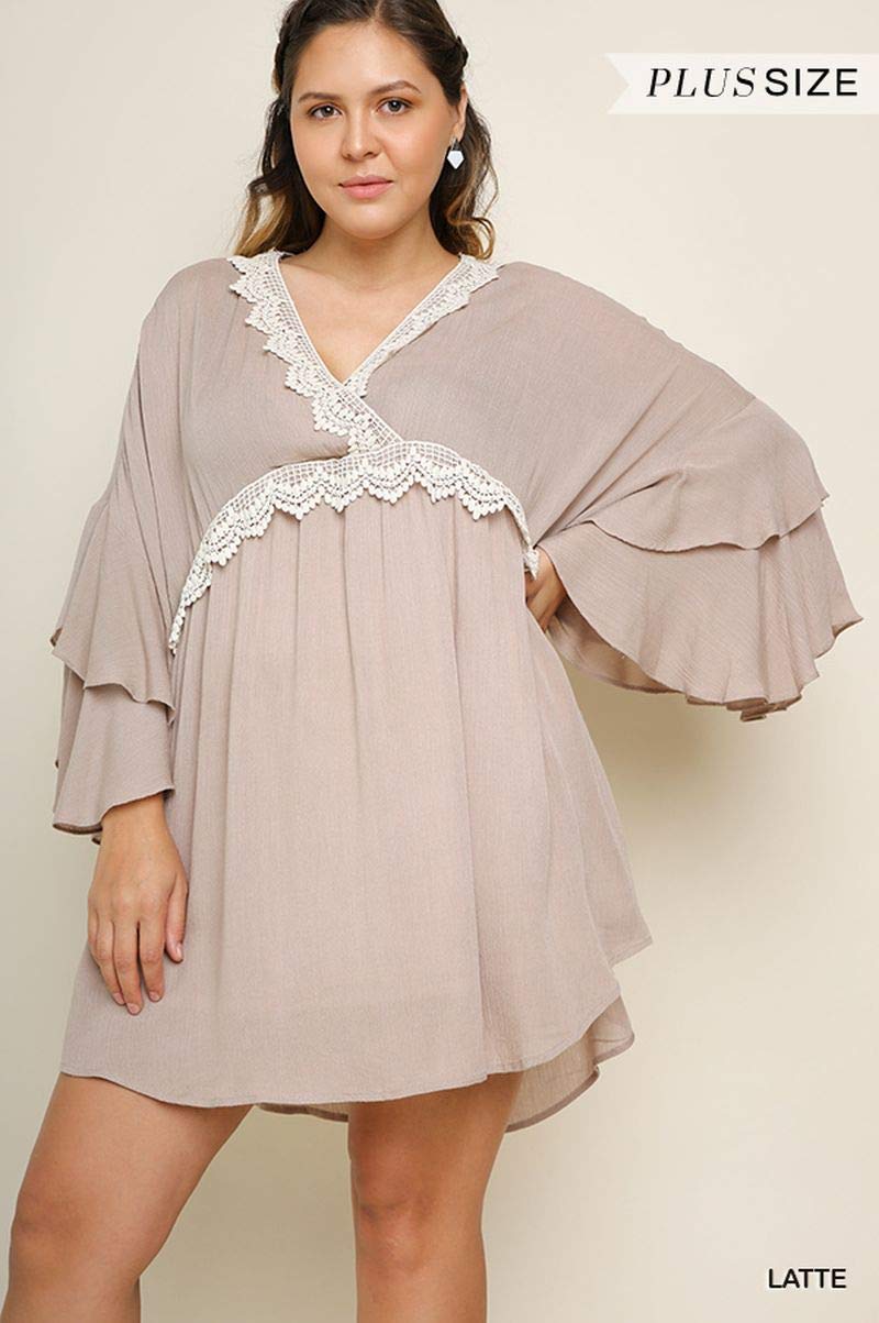 Umgee Women's Layered Ruffle Bell Sleeve Crochet Mini Dress - Floral Summer Beach Dress for Vacation, Date Night & Boho Chic Outfits