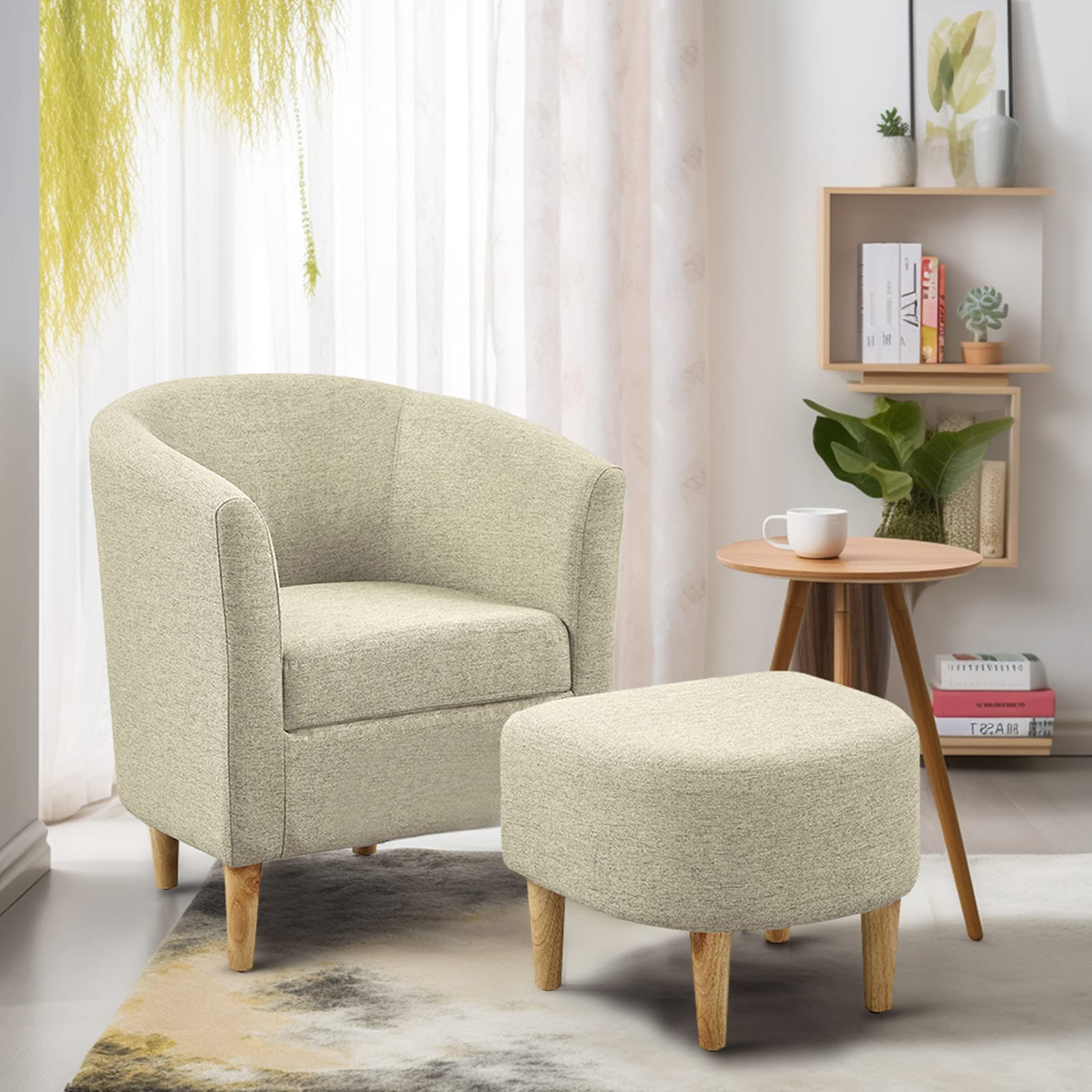 Mid Century Modern Accent Chair Set of 2 with Ottoman - Upholstered Barrel Club Armchairs & Footrest for Living Room, Bedroom, Reading Nook - Comfortable Beige Tub Sofa Chairs | Perfect for Relaxing, Entertaining & Home Decor