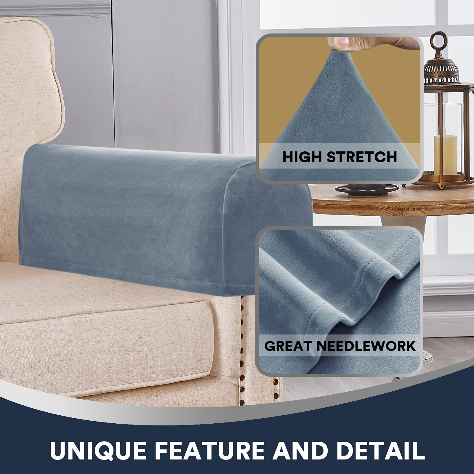 Stretch Velvet Plush Sofa Armrest Covers - Anti-Slip Furniture Protectors for Chairs, Couches & Recliners (Set of 4, Stone Blue) - Perfect for Living Room, Office & Home Decor Protection