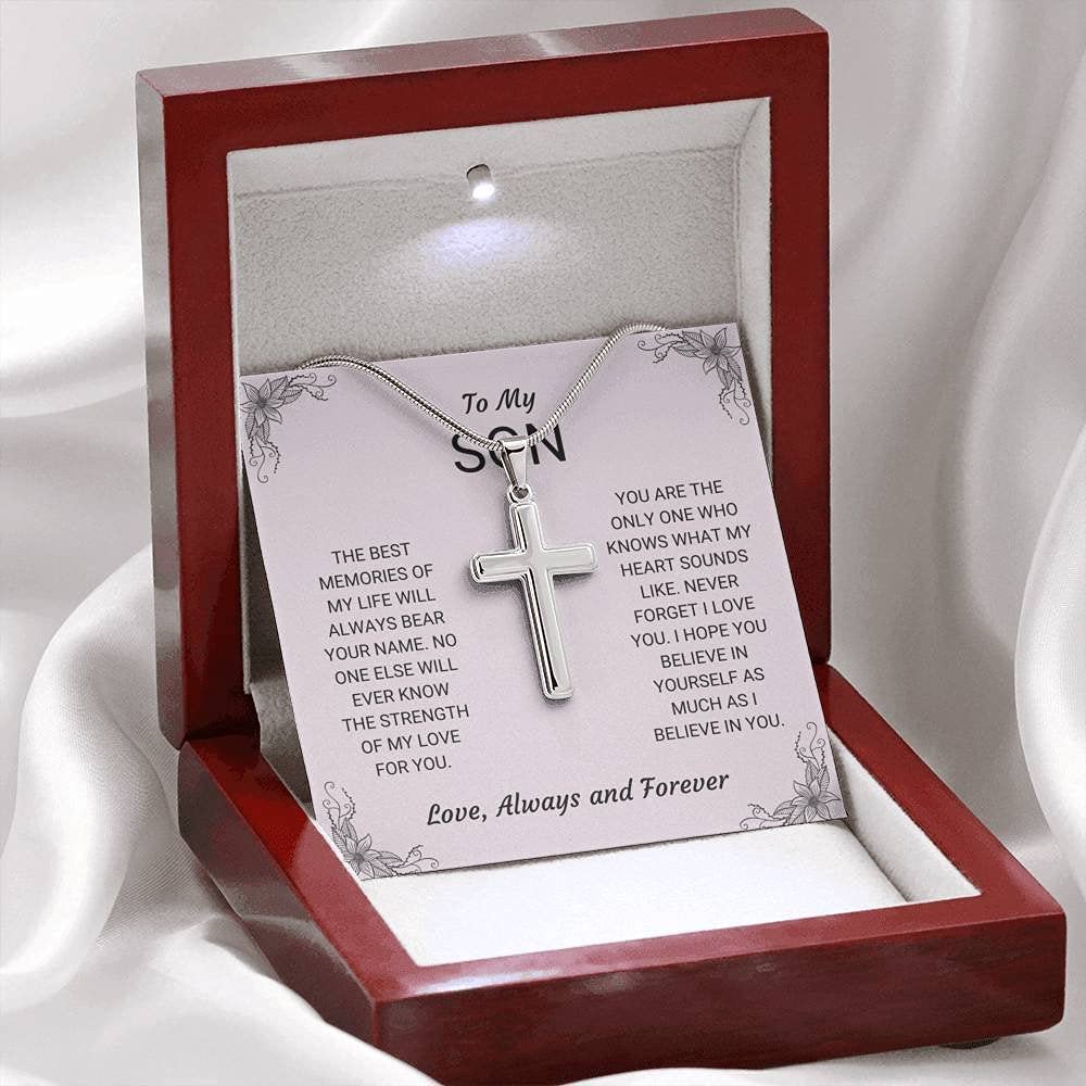 Handcrafted Personalized Cross Necklace for Son - Unique Gift from Mom or Dad - Best Memories Keepsake - Graduation, Birthday & Special Occasion Jewelry