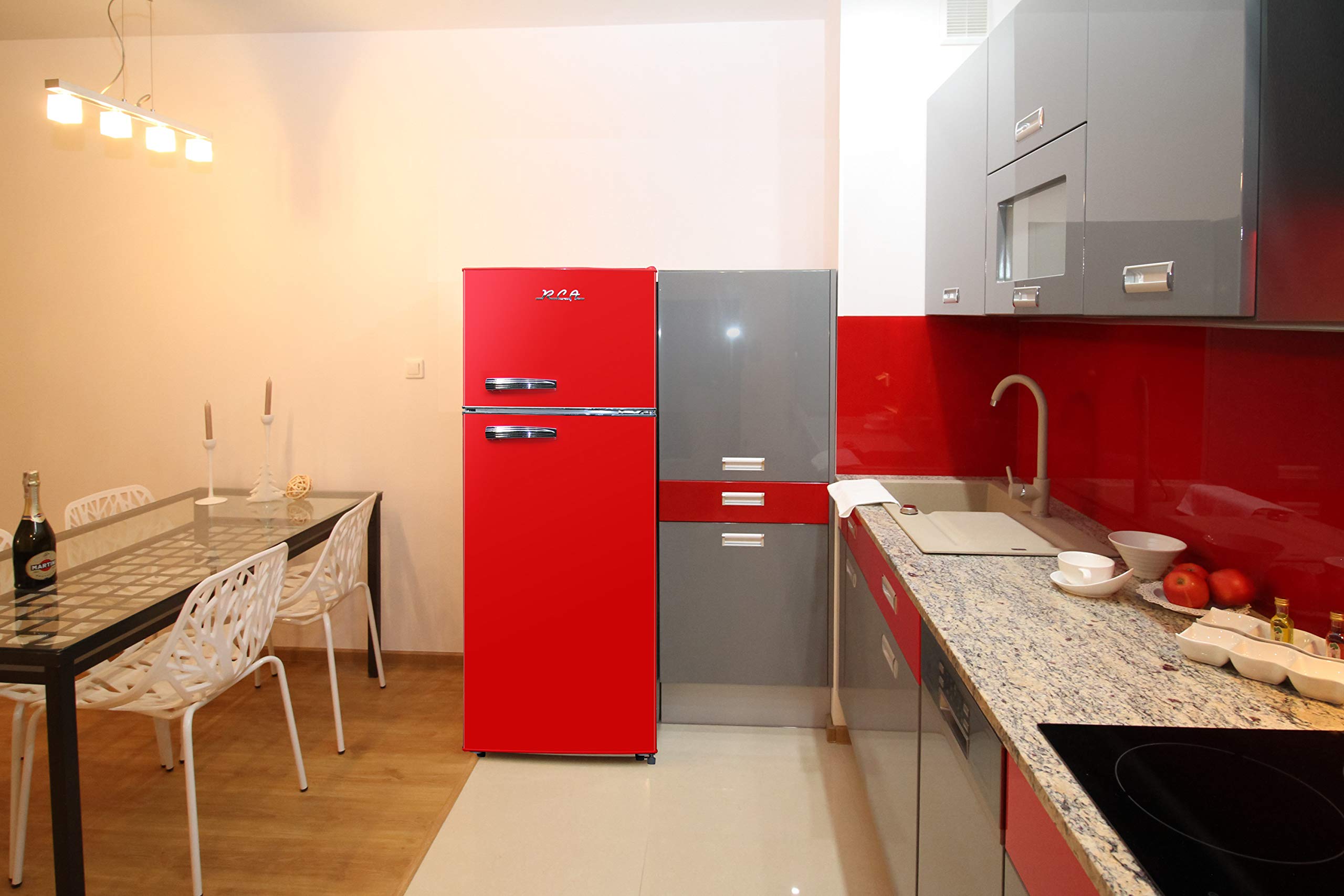 Retro Red HAMILTON BEACH RCA RFR786 2-Door Apartment Size Refrigerator with Freezer - 7.5 cu ft Compact Fridge for Dorm, Office, Kitchenette & Small Spaces | Energy Efficient Mini Fridge