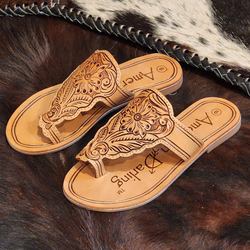 American Darling Tooled Leather Flip Flops - Handmade Sandals for Women | Comfortable & Stylish Summer Footwear for Beach, Pool & Casual Outings