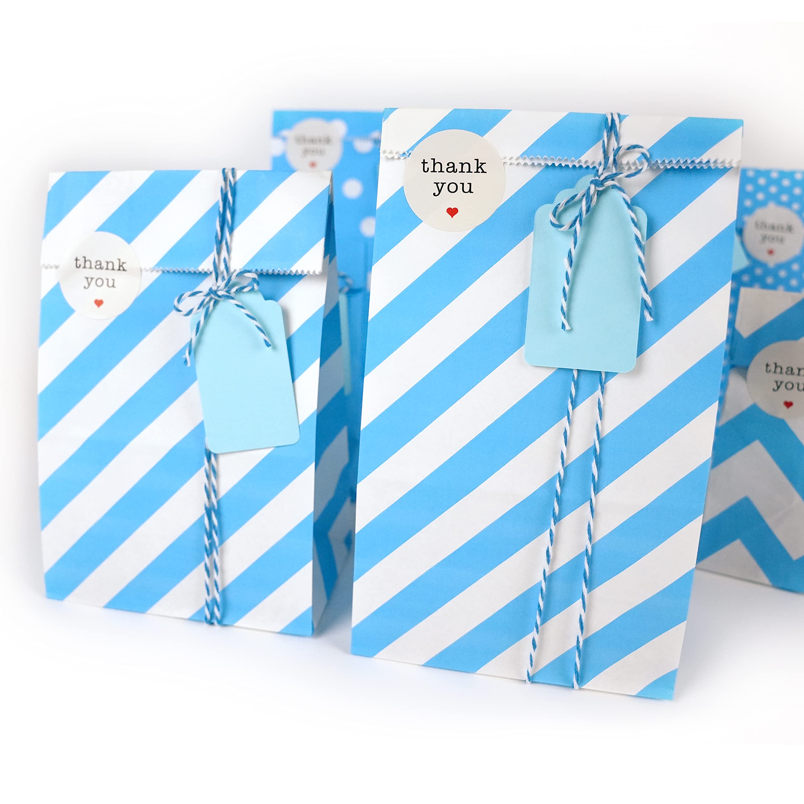 SMINTINE 30-Pack Blue Goodie Bags with Thank You Stickers - 5x3x9 Inch Blue Paper Gift Bags with Cotton Bakers Twine - Perfect for Kids Birthday Party Favors, Baby Shower Gifts, Wedding Favors & Holiday Treat Bags