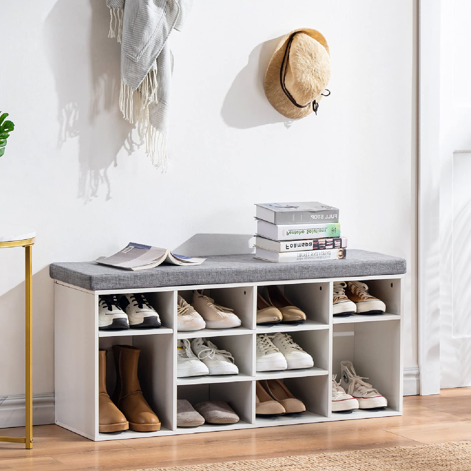 APICIZON 10-Cubby Shoe Storage Bench with Cushion - Entryway Shoe Organizer for Bedroom, Living Room & Mudroom - White & Grey - Perfect for Small Spaces & Home Organization