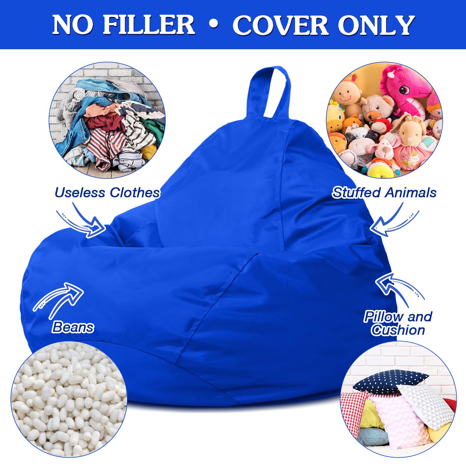 Meonum Stuffed Animal Storage Bean Bag Chair Cover - Washable & Stuffable Zippered Organizer for Plush Toys, Memory Foam (Dark Blue, 61.4