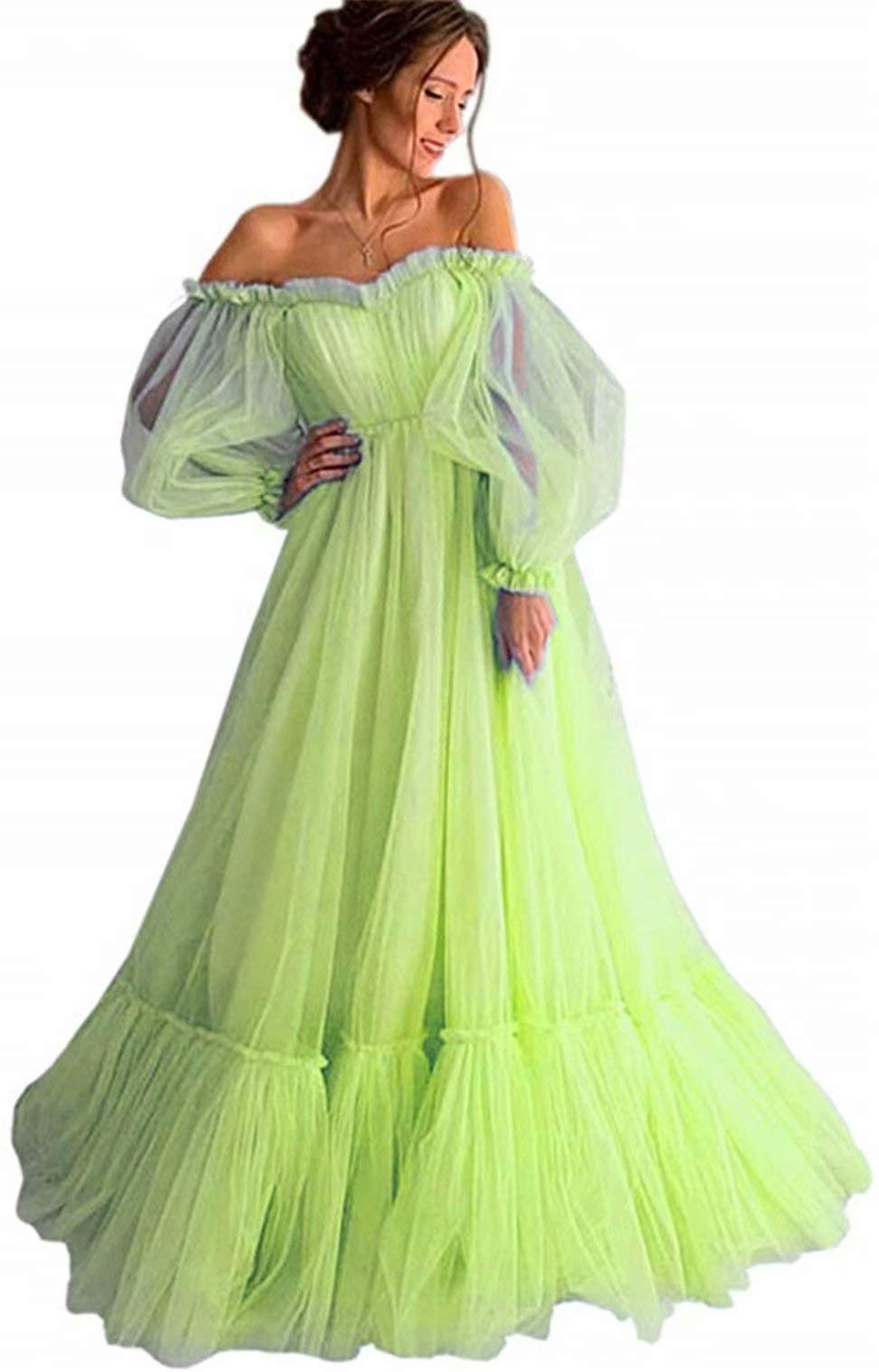 Vintage Off Shoulder Long Puffy Sleeves Ruffle Tulle Princess Prom Quinceanera Dresses for Women - Elegant Formal Gowns for Prom, Wedding, Ball & Special Occasions