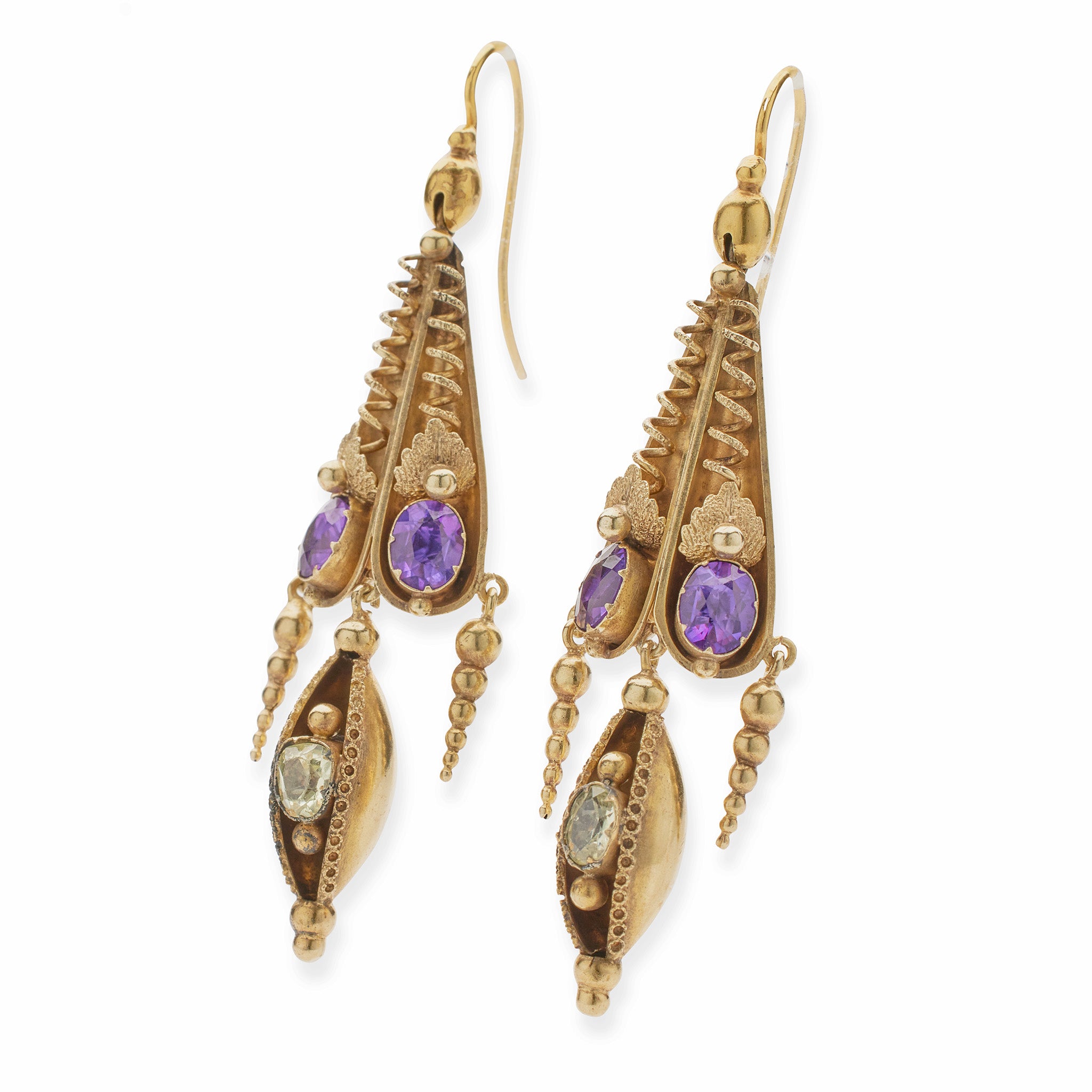 15k Gold Amethyst & Green Chrysoberyl Pendant Earrings for Women - Elegant Jewelry Gift for Birthday, Anniversary & Special Occasions