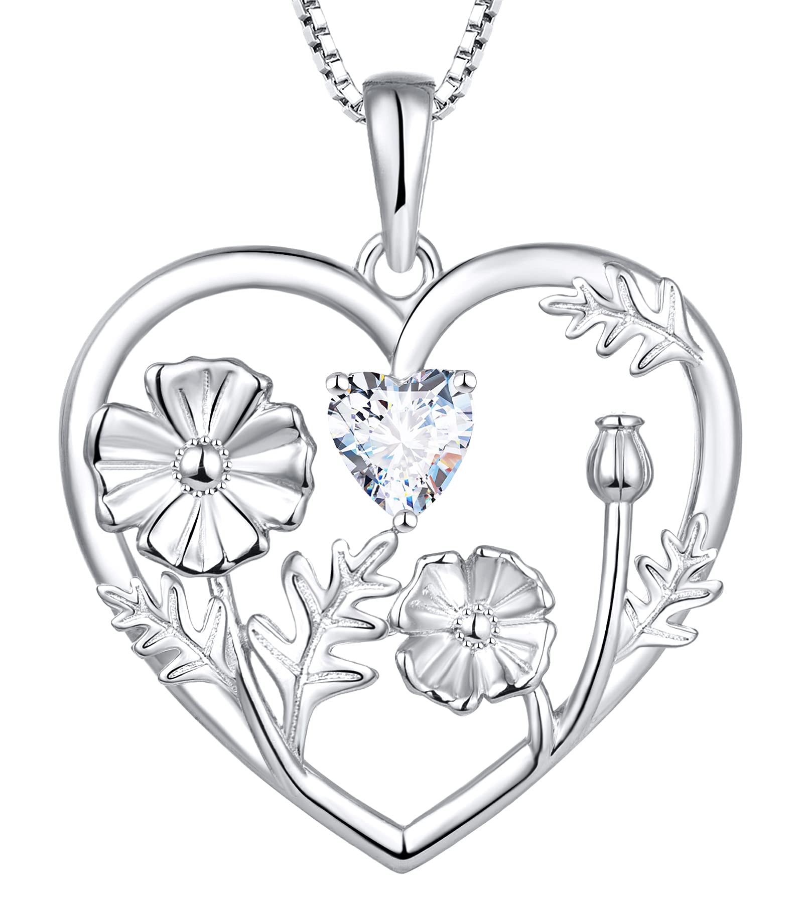 YL Women's Birth Flower Necklace - 925 Sterling Silver Heart Pendant with Gemstone Charm - Personalized Birthstone Jewelry Gift for Mom, Wife, Daughter | Perfect for Birthday, Anniversary & Valentine's Day