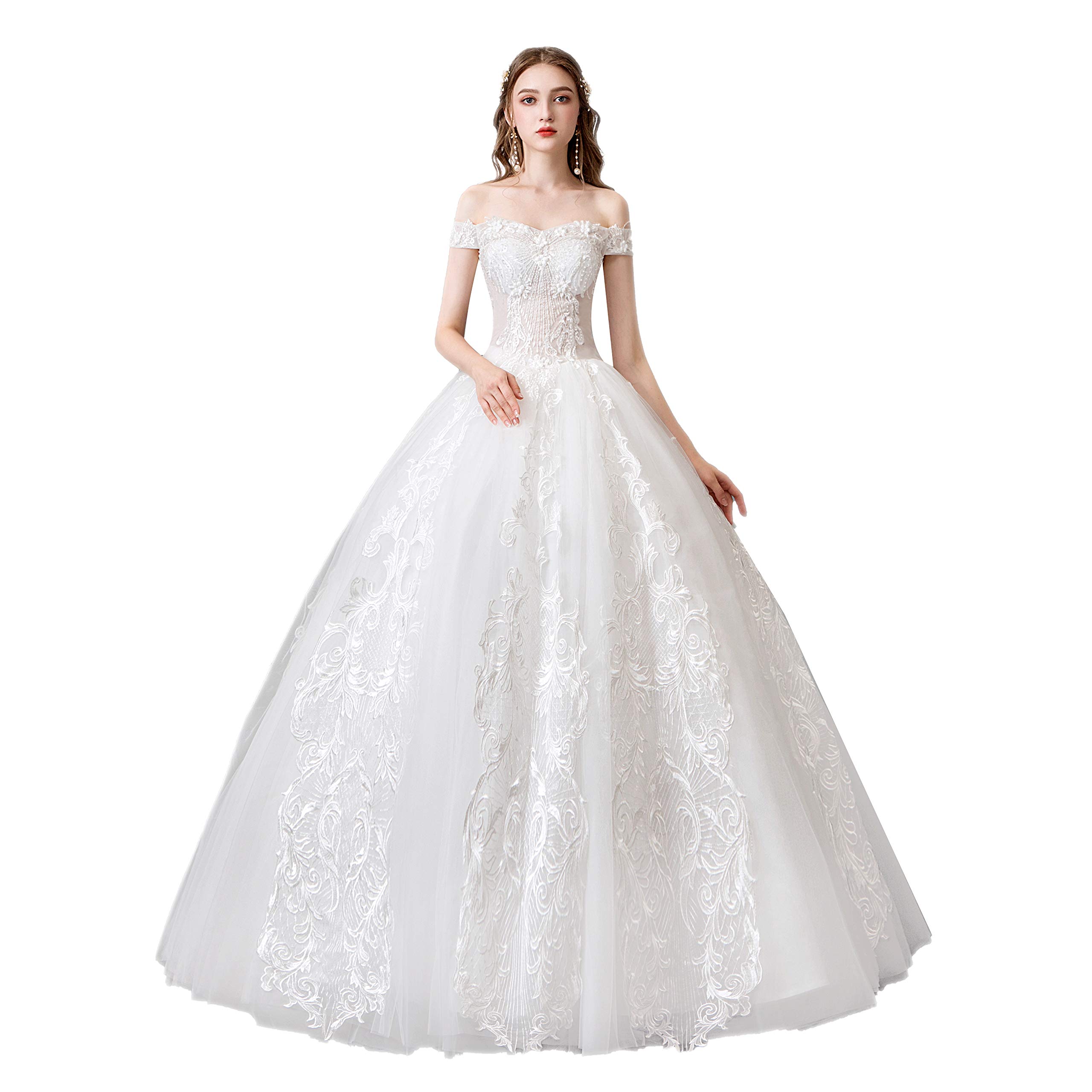 Elegant Off Shoulder White Wedding Dress for Women - Backless Bridal Gown with Intricate Embroideries | Perfect for Beach Weddings, Vow Renewals & Romantic Photoshoots