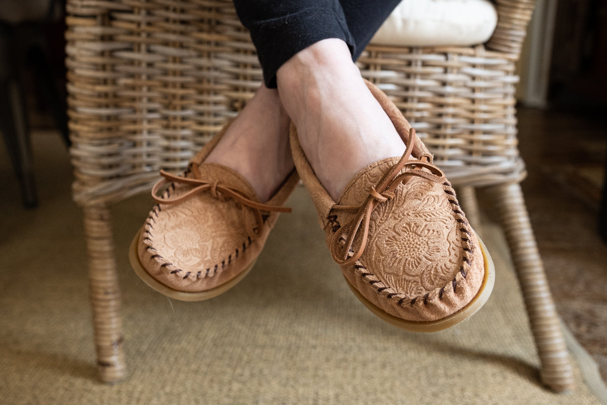 Women's Floral Embossed Suede Moccasins with Crepe Sole - Comfortable Slip-On Loafers for Casual Wear, Office & Travel