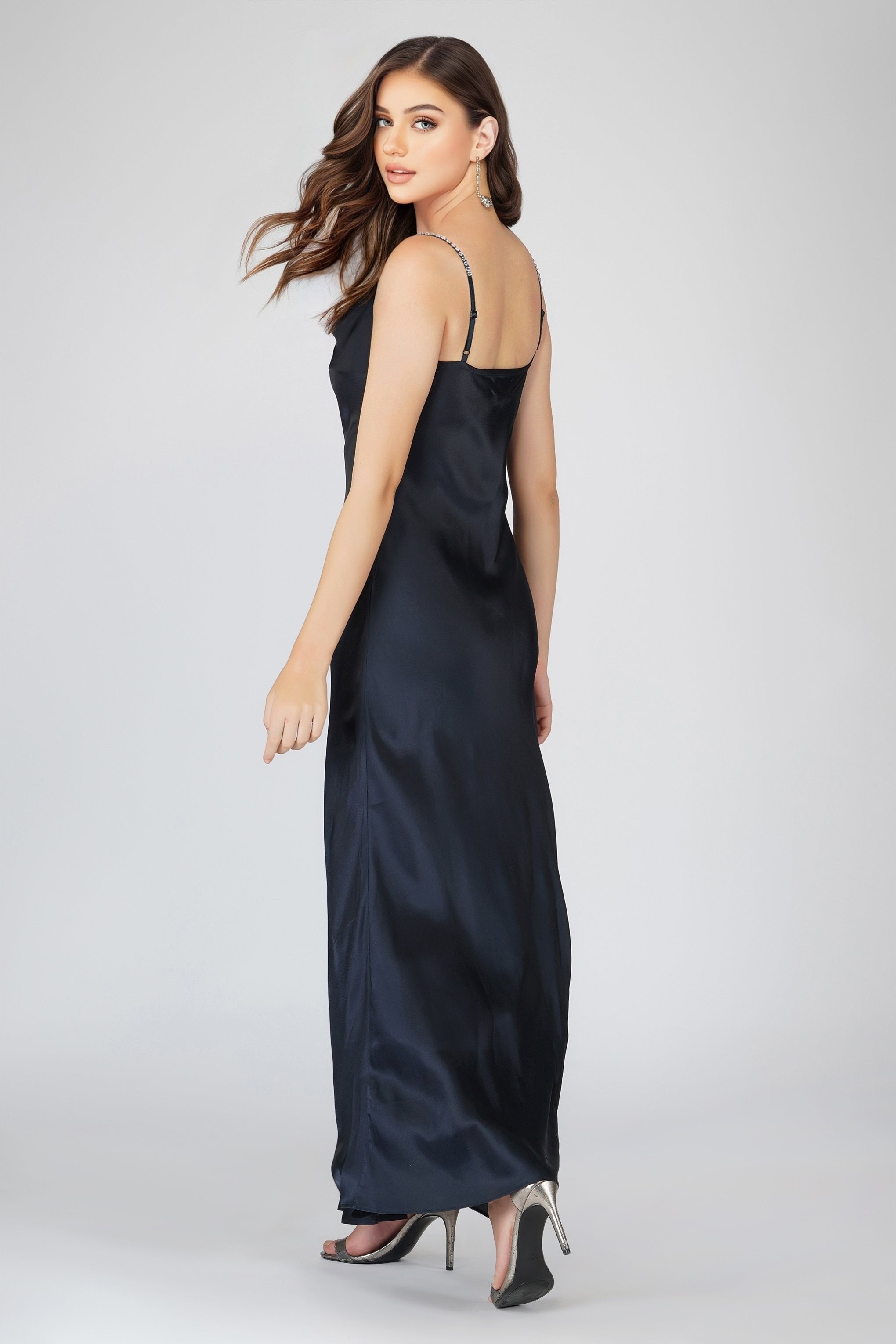Elegant Sienna Navy Blue Satin Maxi Dress for Women - Formal Evening Gown, Wedding Guest Dress, Prom & Party Wear