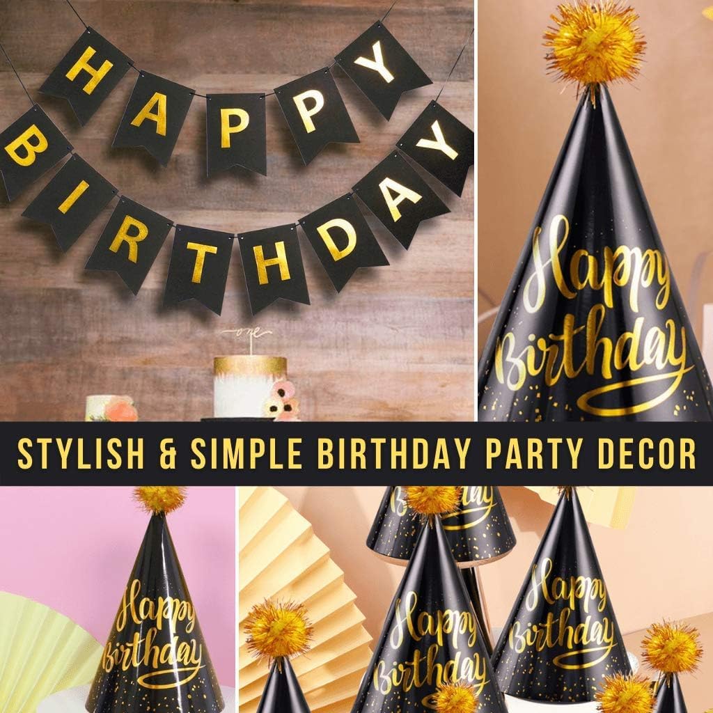 10-Piece Black and Gold Birthday Party Kit - Cone Hats & Banner for Kids & Adults | Fun Birthday Party Decorations & Supplies | Perfect for Birthday Celebrations, Themed Parties & Special Events