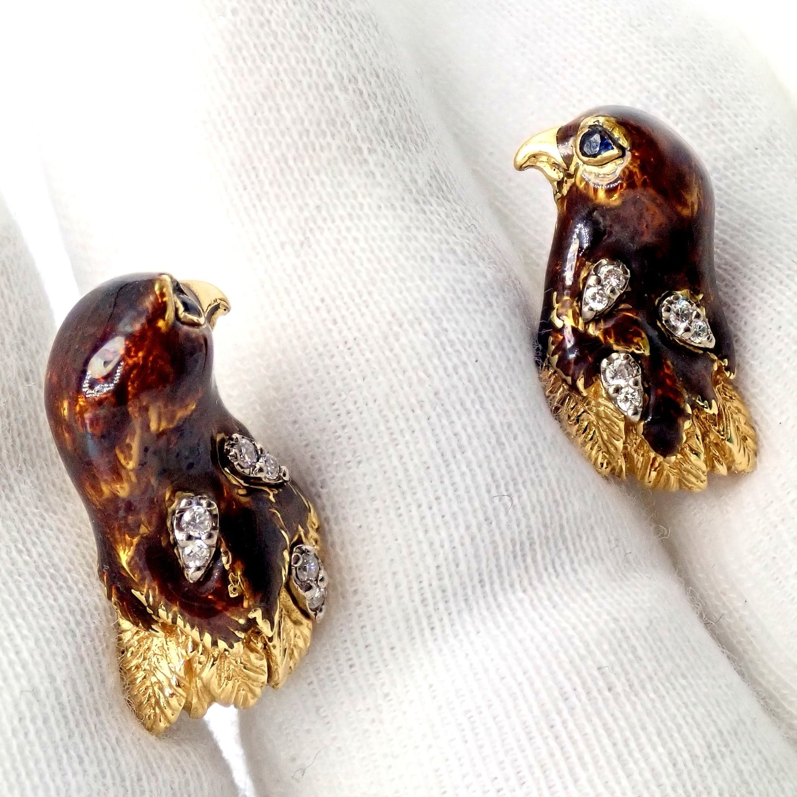 Vintage Tiffany & Co. 18k Yellow Gold Diamond Enamel Falcon Eagle Bird Cufflinks - Luxury Men's Jewelry Gift for Formal Events & Business Occasions