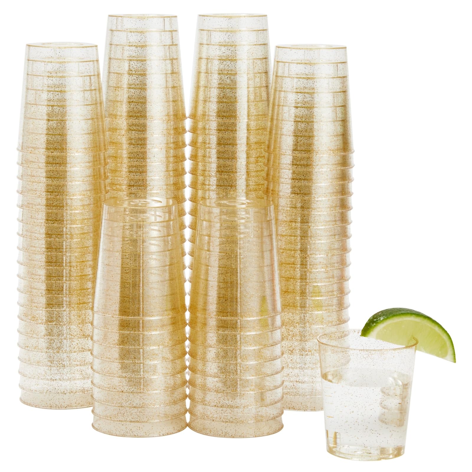 Juvale 100-Pack Gold Glitter Plastic Shot Glasses (2oz) - Disposable Party Cups for Weddings, Birthday Celebrations & Cocktail Events - Perfect for Bachelorette Parties, Bridal Showers & Bar Mitzvahs