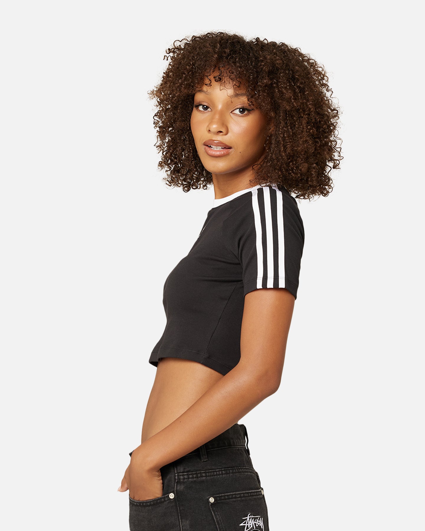 Adidas Women's 3 Stripes Baby T-Shirt - Black Cotton Short Sleeve Tee for Girls | Casual Outfit, Playtime & Everyday Wear