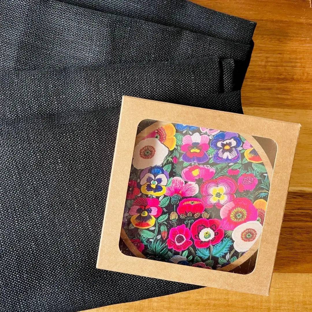 Pansies & Poppies Wooden Coasters Set with Napkins - 4-Piece Floral Coaster and Napkin Holder Set for Dining Table, Kitchen, Party Decor - Perfect for Home, Office, and Gift Giving