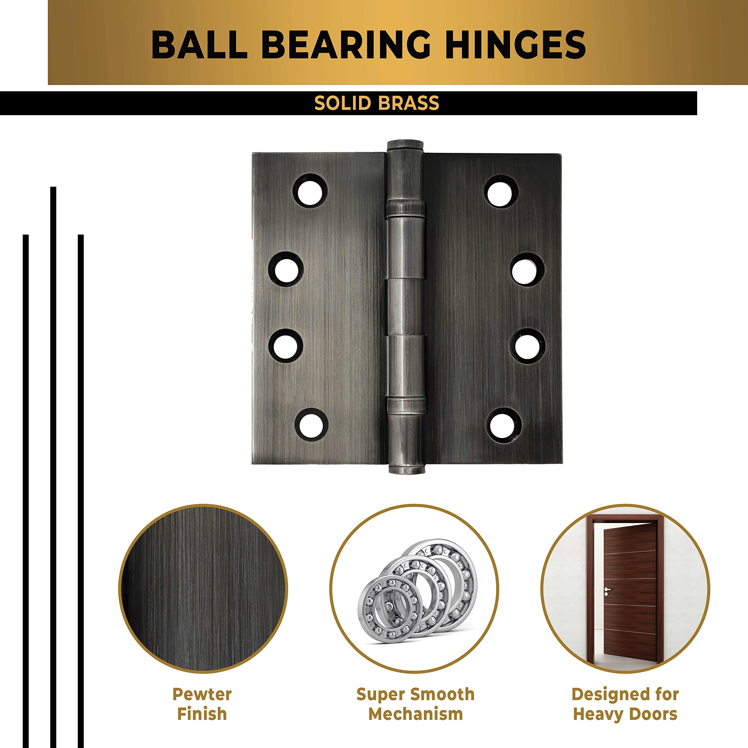 Solid Brass Door Hinge 4x4 Inch - Heavy Duty Ball Bearing Hinges, Polished Pewter Finish, Set of 6 - Perfect for Interior/Exterior Doors, Cabinets, and Furniture Hardware