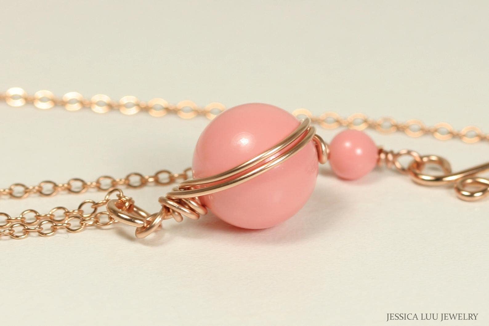 Rose Gold Pink Coral Pearl Necklace - Handmade Wire Wrapped Jewelry for Women, Gift for Her, Birthday, Anniversary, Wedding, Valentine's Day