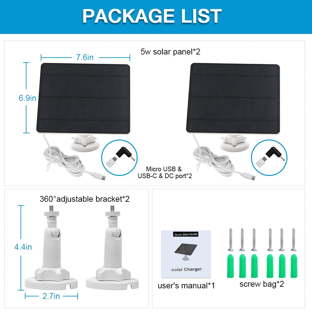 5W USB Solar Panel for Security Cameras - IP65 Waterproof, 9.8ft Cable, Adjustable Mount - Compatible with Micro USB, USB-C & DC (2 Pack) - Perfect for Outdoor Surveillance, Home Security & Wireless Camera Charging