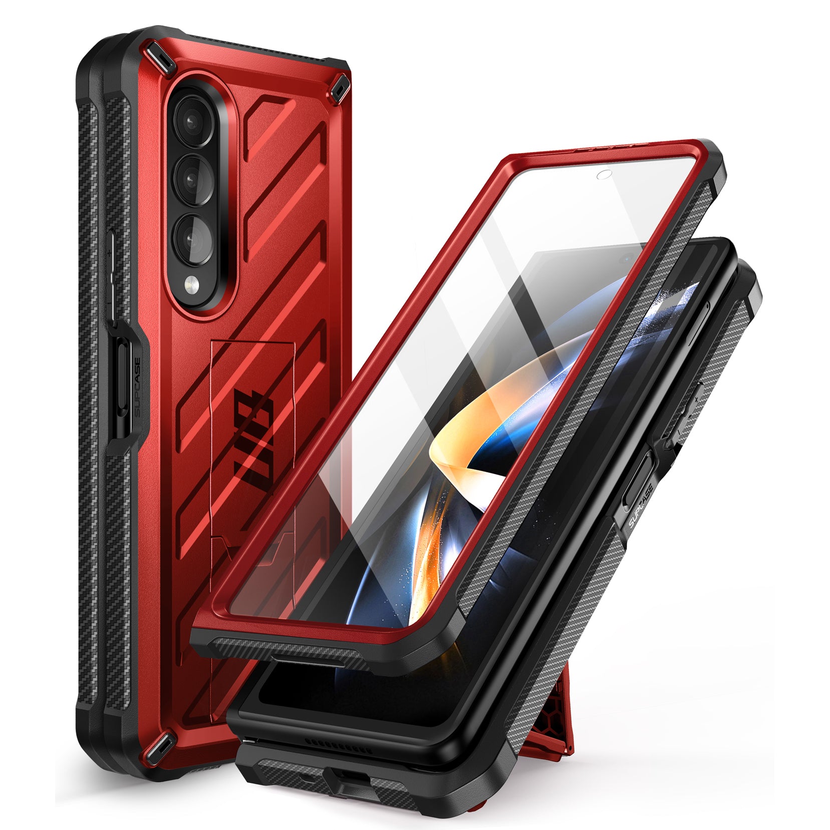 Samsung Galaxy Z Fold 4 Case with Built-in Kickstand & Screen Protector - Shockproof Heavy Duty Cover for Z Fold4 - Metallic Red | Perfect for Work, Travel & Everyday Protection