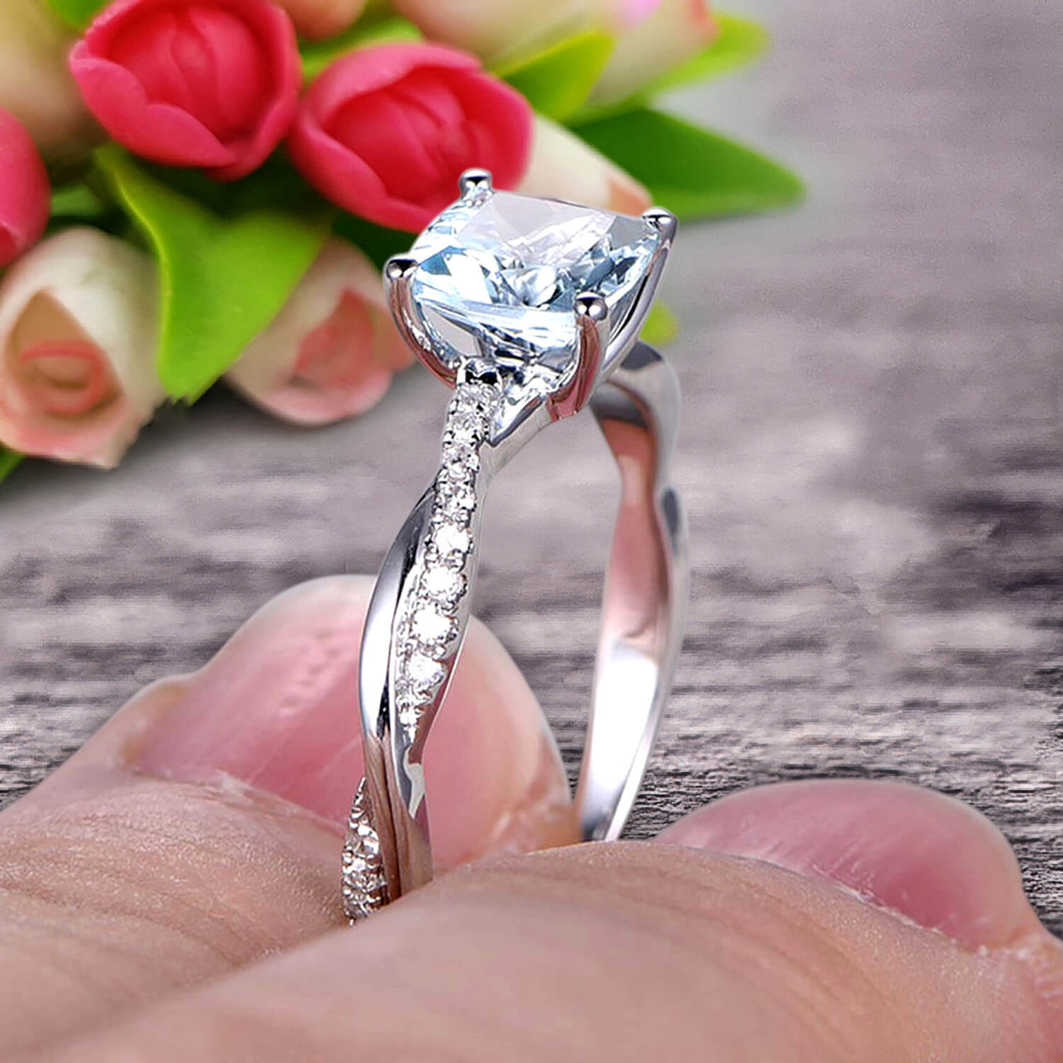 10K White Gold Aquamarine Engagement Ring - 1.25ct Cushion Cut Vintage Moissanite Diamond Ring for Women | Perfect for Proposals, Anniversaries & Bridal Jewelry