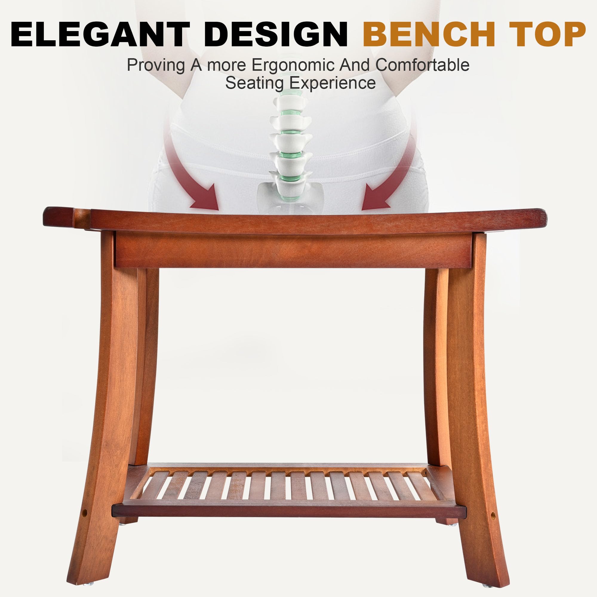 Teak Shower Chair Stool - 24 Inch Wooden Shower Bench Seat with Storage Shelf for Adults, Elderly & Disabled - Non-Slip Bathroom Stool for Indoor & Outdoor Use - Perfect for Spa, Bathroom Safety & Relaxation